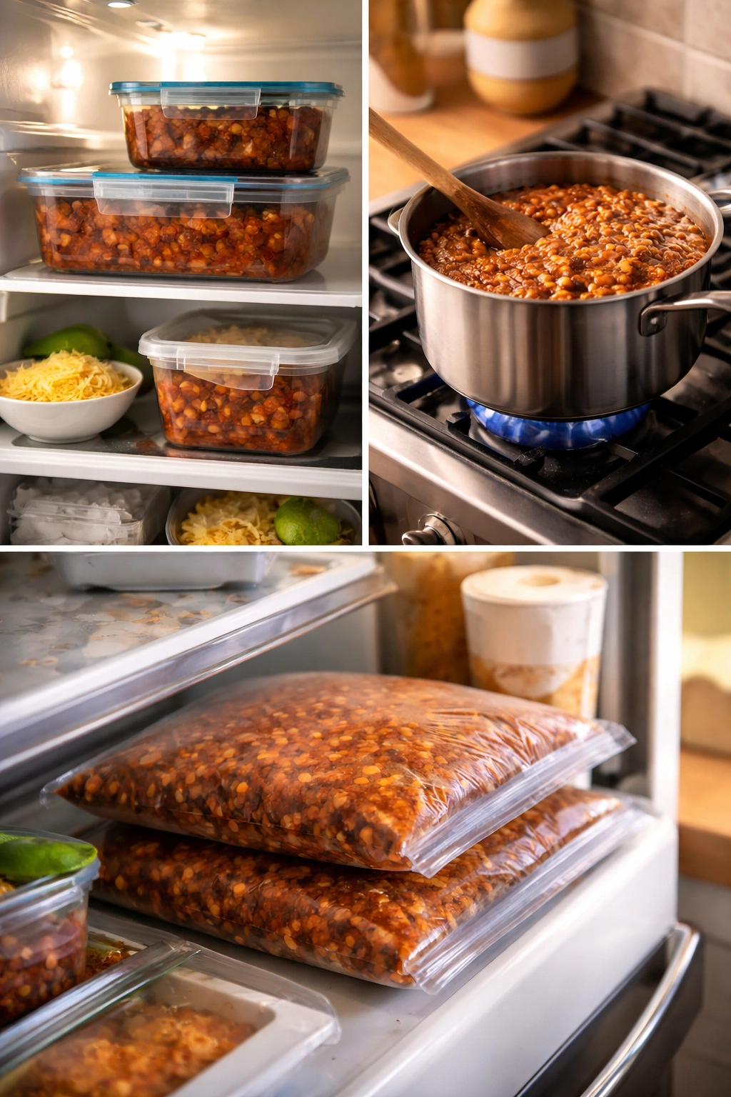 Airtight chili containers in the fridge, a pot simmering on the stove, and freezer bags ready to freeze.