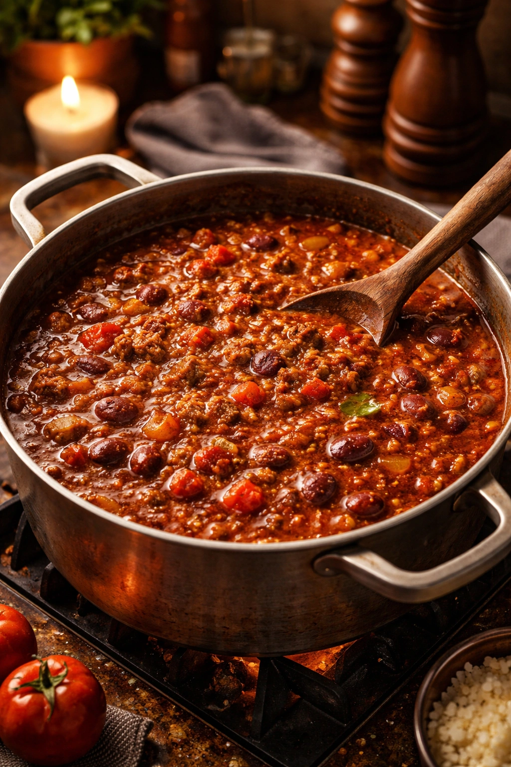 Chili in a pot with a glossy surface and gentle steam, hinting at balanced flavors.