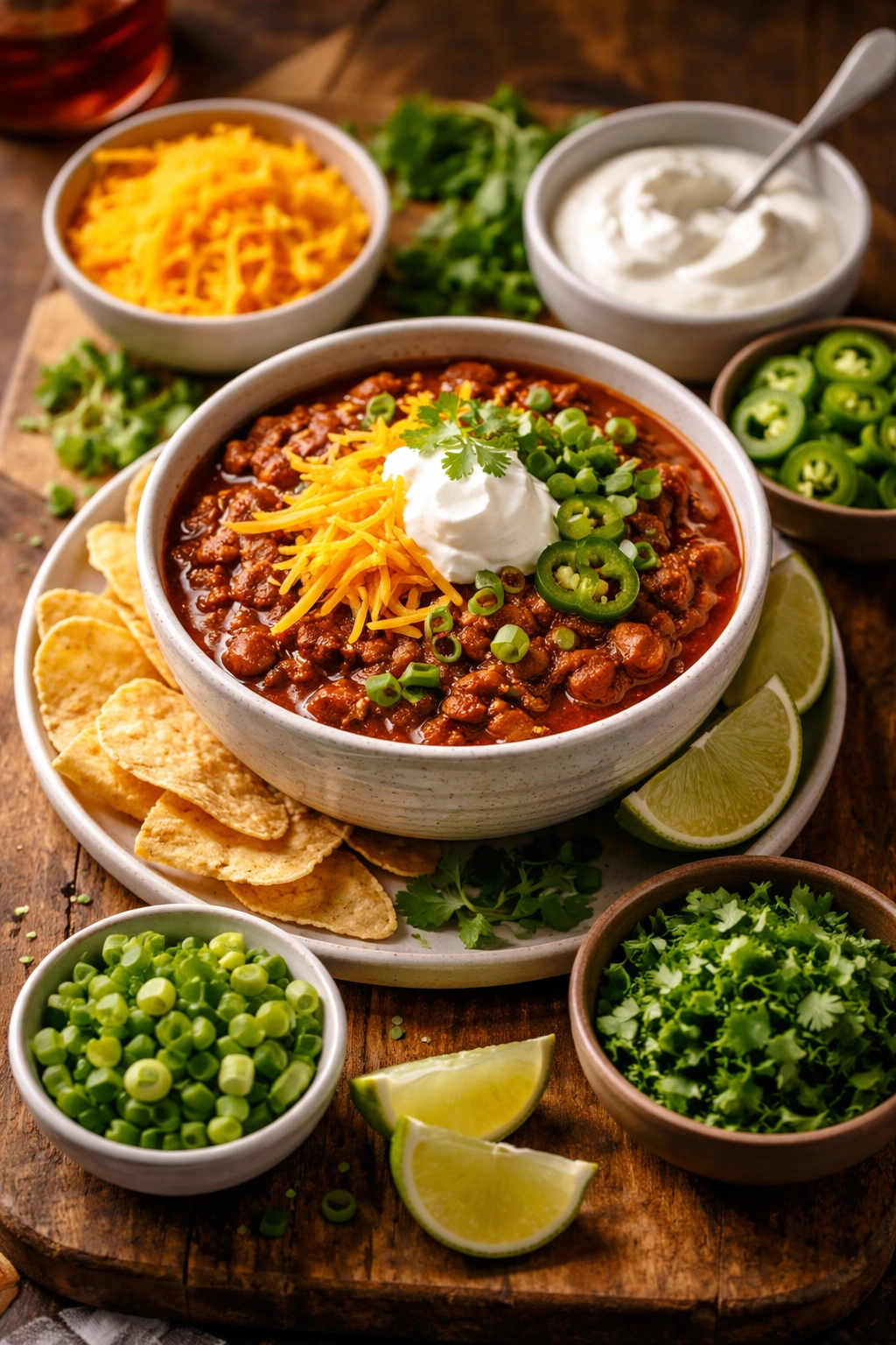 Chili bowl with toppings arranged around it: cheese, sour cream, onions, jalapeños, cilantro, lime