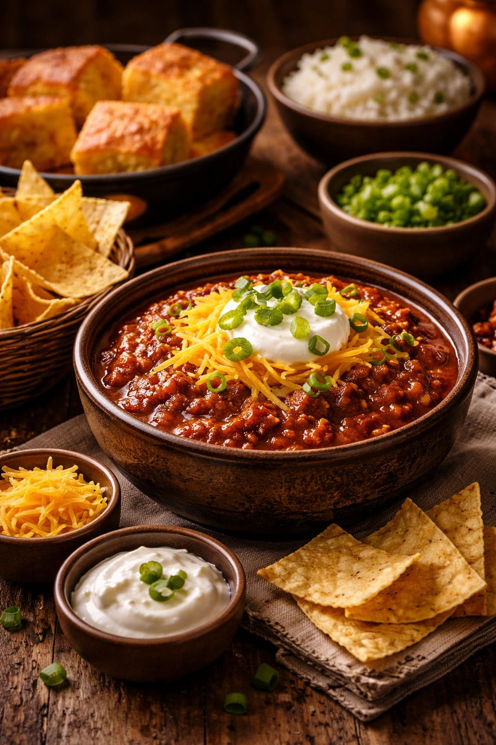 Chili bowl topped with cheese, sour cream, and green onions with chips on side
