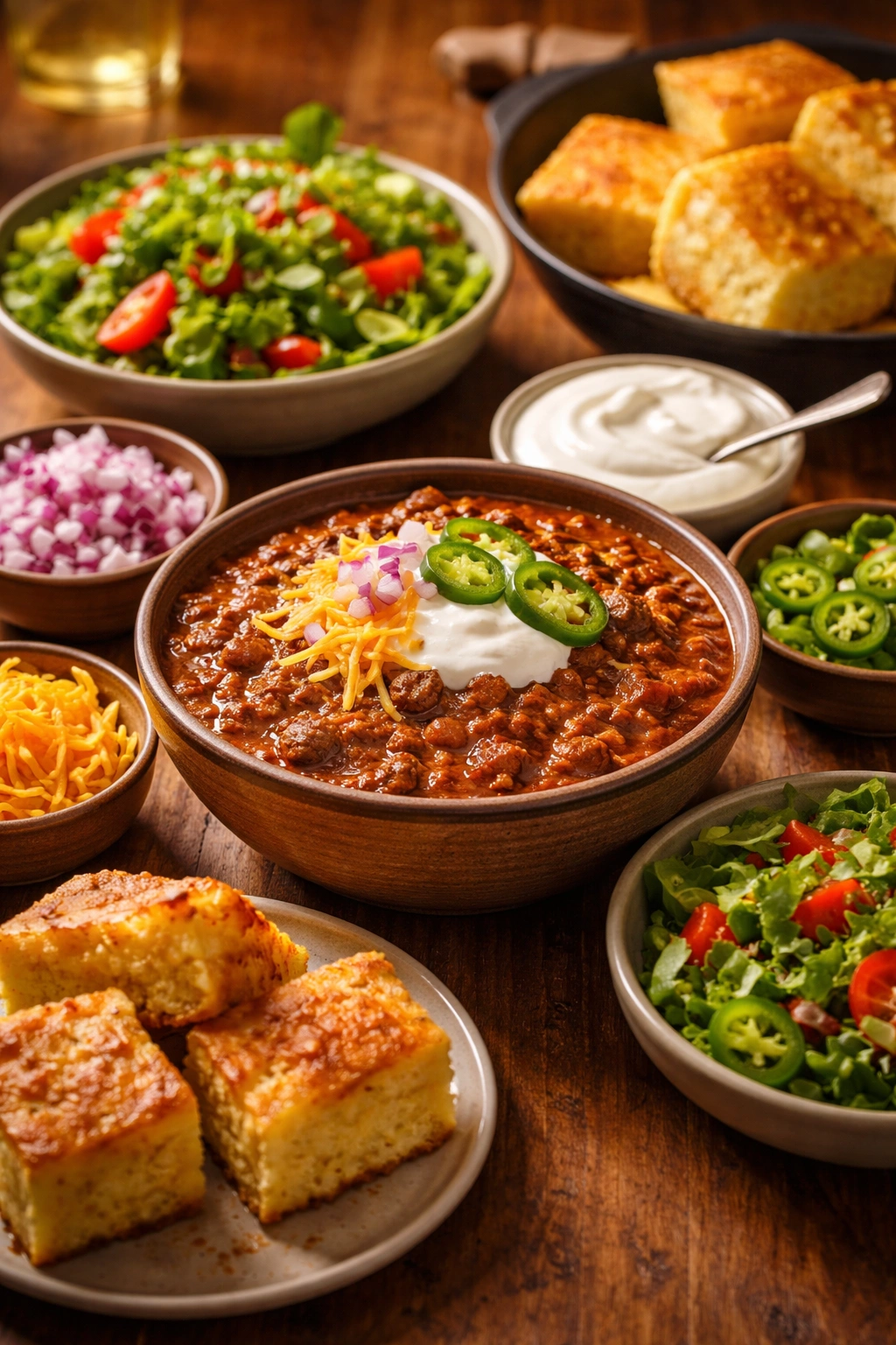 Bowl of chili with toppings and sides like cornbread and salad on a dining table.