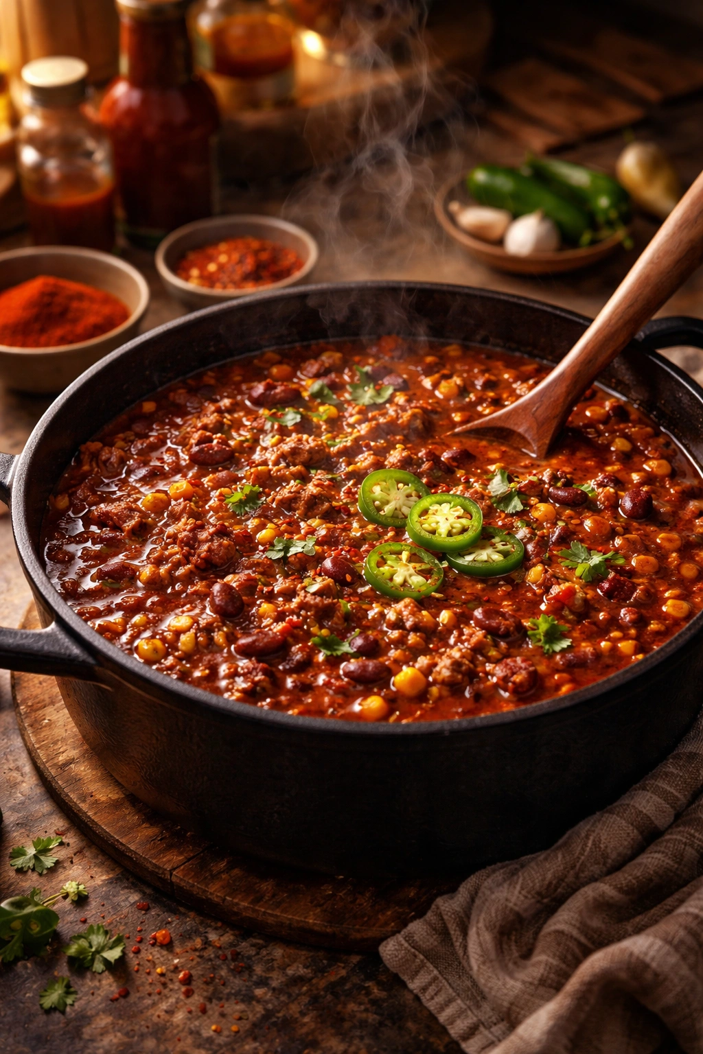 Chili simmering with smoky color suggesting variations like paprika and liquid smoke