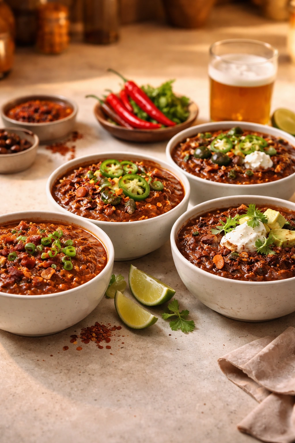 Four bowls of chili variations: smoky, spicy, beer, and chocolate styles on a wooden board