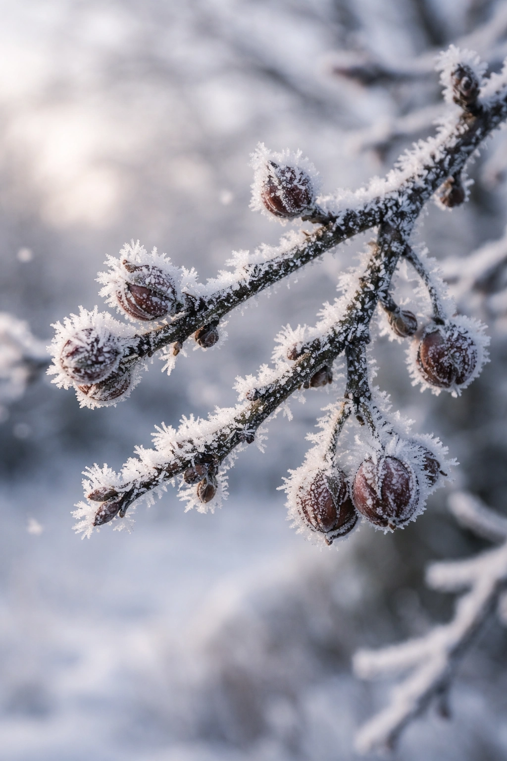 Frost-covered apple tree branch highlighting chill hours concept