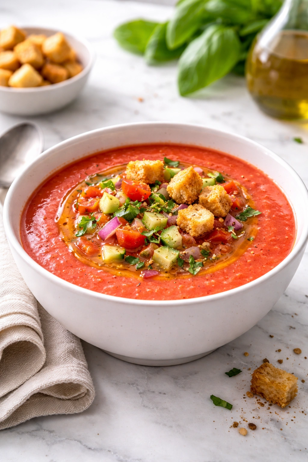 Chilled gazpacho in a bowl with olive oil drizzle and croutons