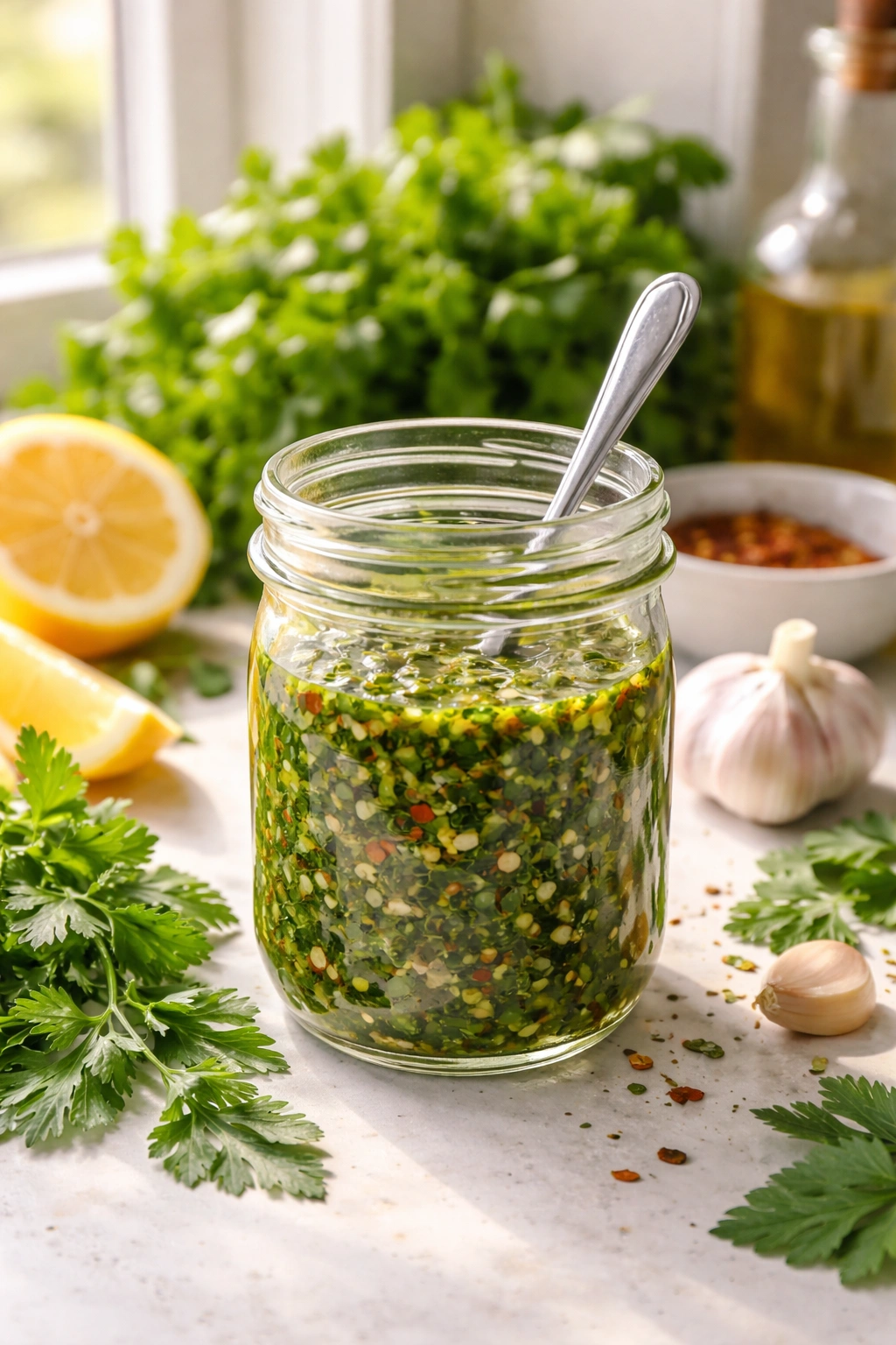 Jar of chimichurri on sunlit kitchen counter with herbs