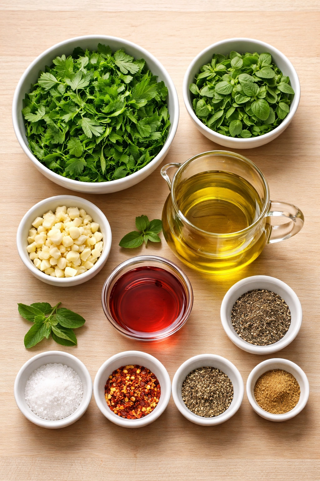 Ingredients for chimichurri arranged on a wooden surface