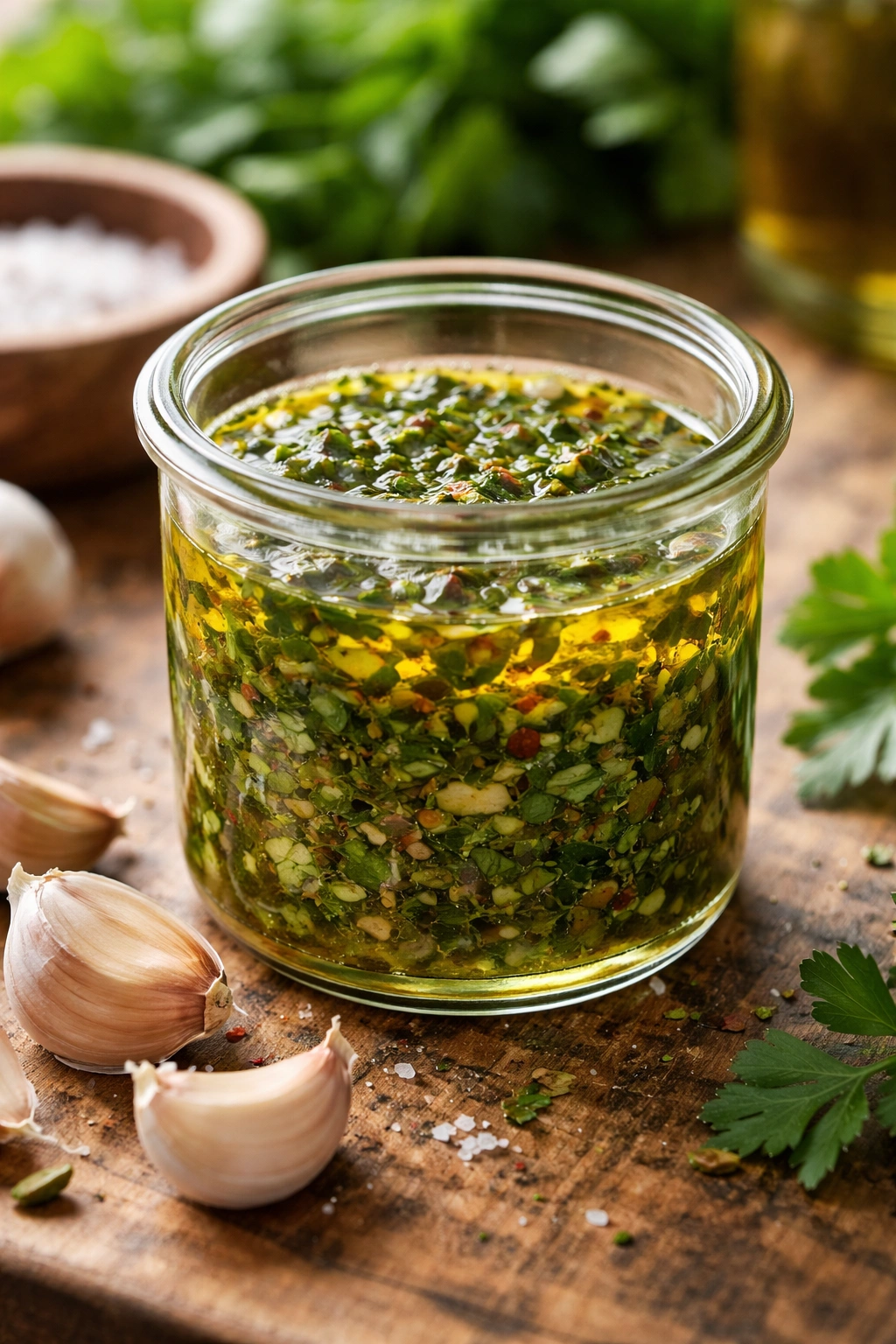 Close-up of oil-separated chimichurri with herbs and garlic on a wooden counter