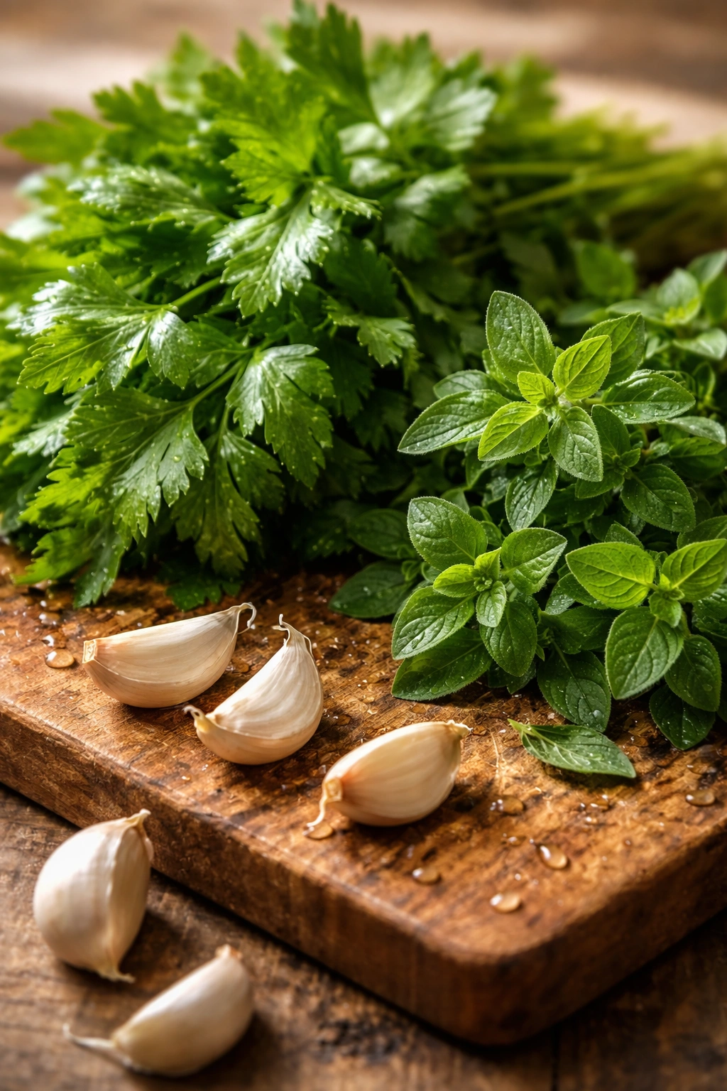 Close-up of parsley and oregano on wood suggesting chimichurri origins