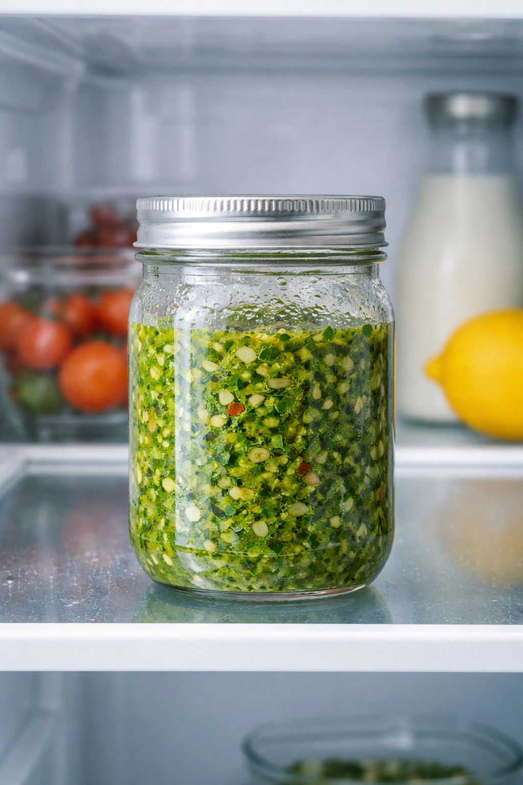 Glass jar of chimichurri in the fridge showing vibrant green color