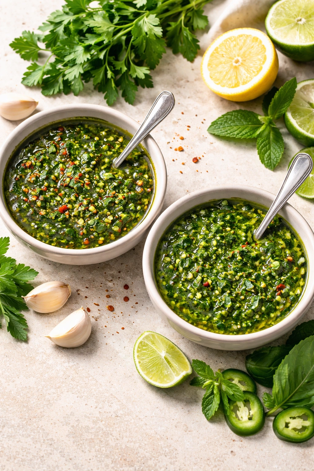 Two bowls of chimichurri variations showing traditional and verde versions