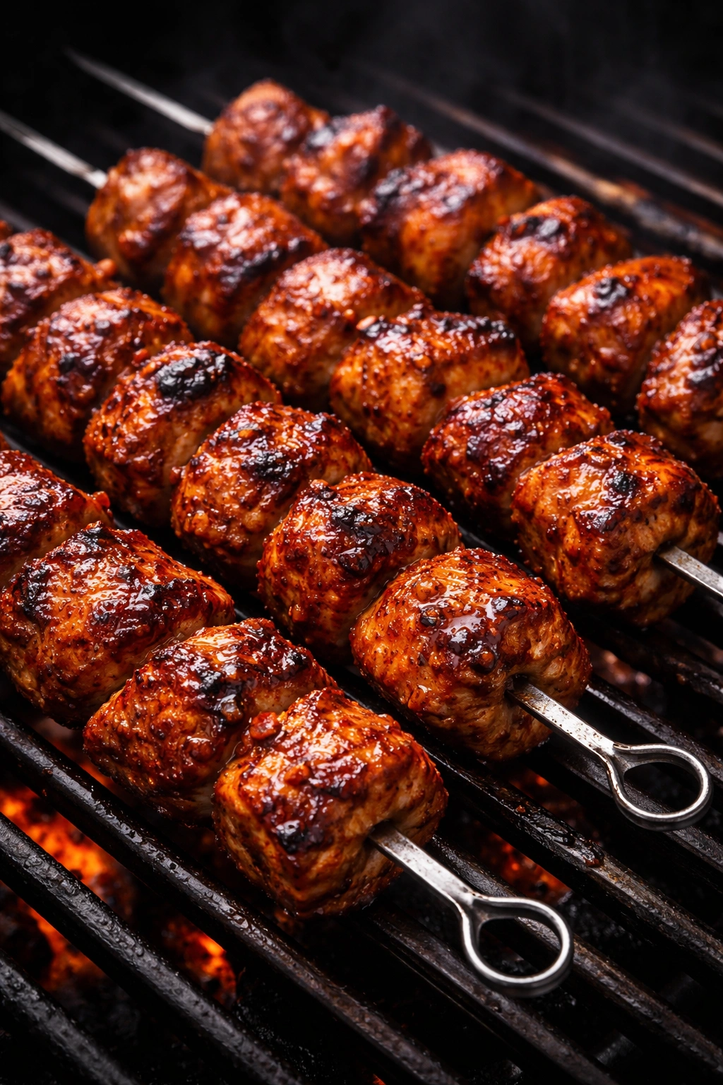 Close-up of spicy chipotle chicken kabobs on skewers
