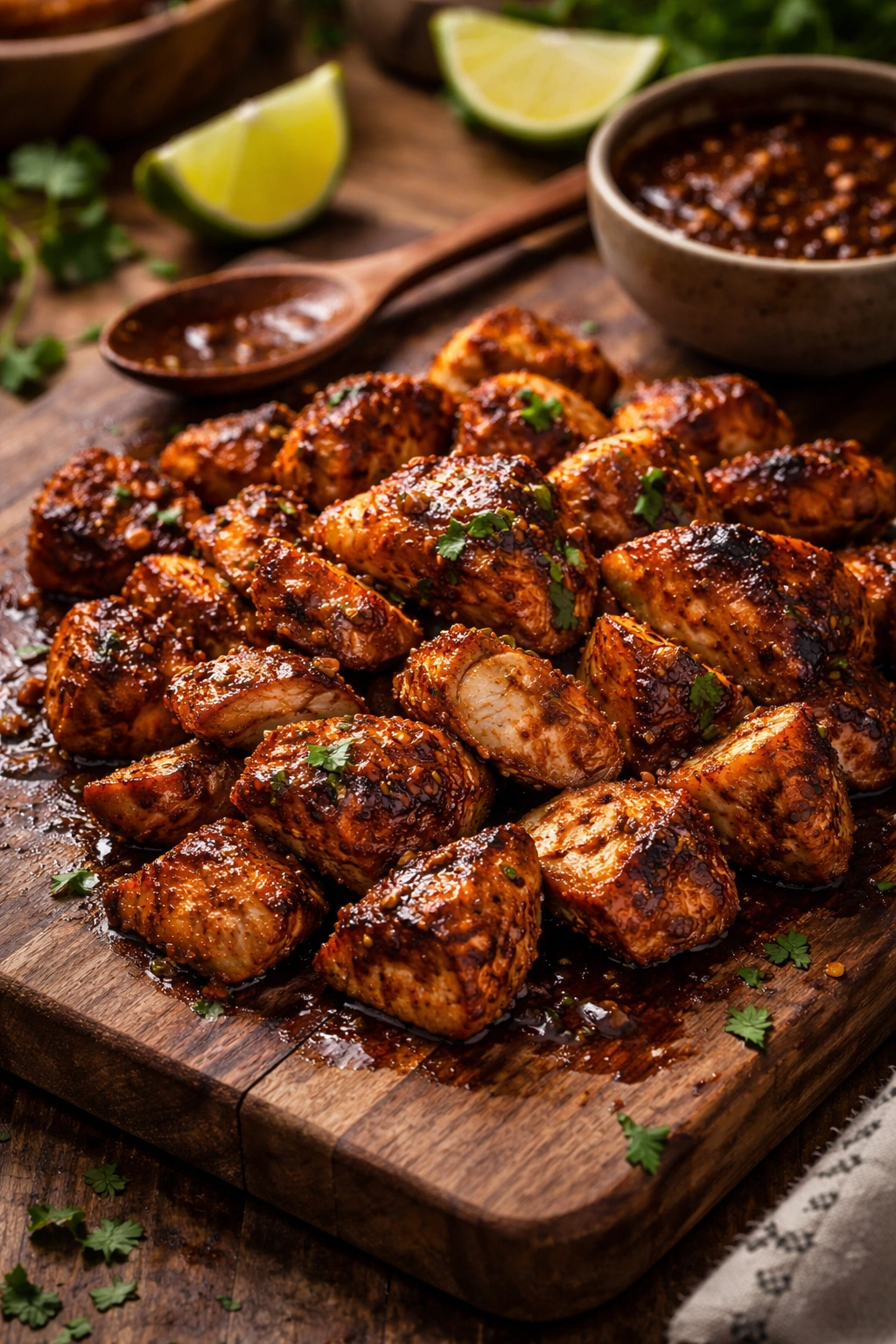 Close-up of chipotle-marinated chicken pieces with smoky glaze
