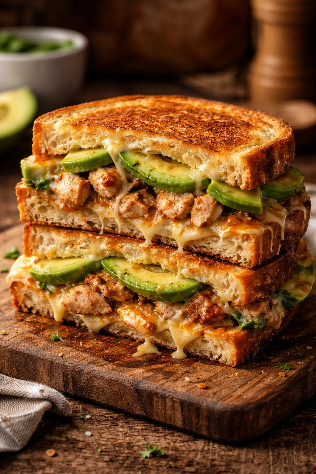 Close-up of a toasted chipotle chicken melt with avocado on bread