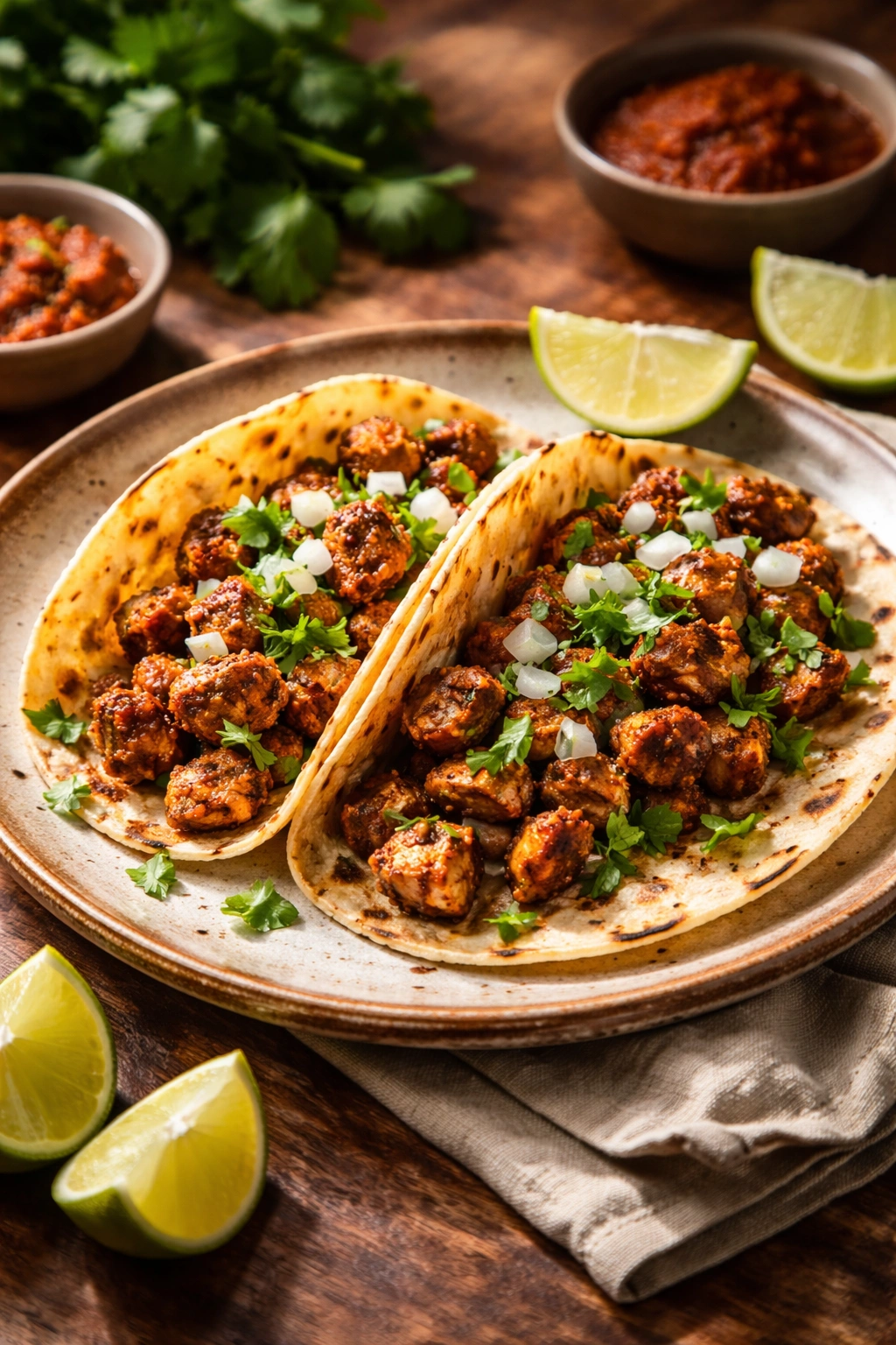 Two chipotle chicken tacos on a rustic plate with smoky filling