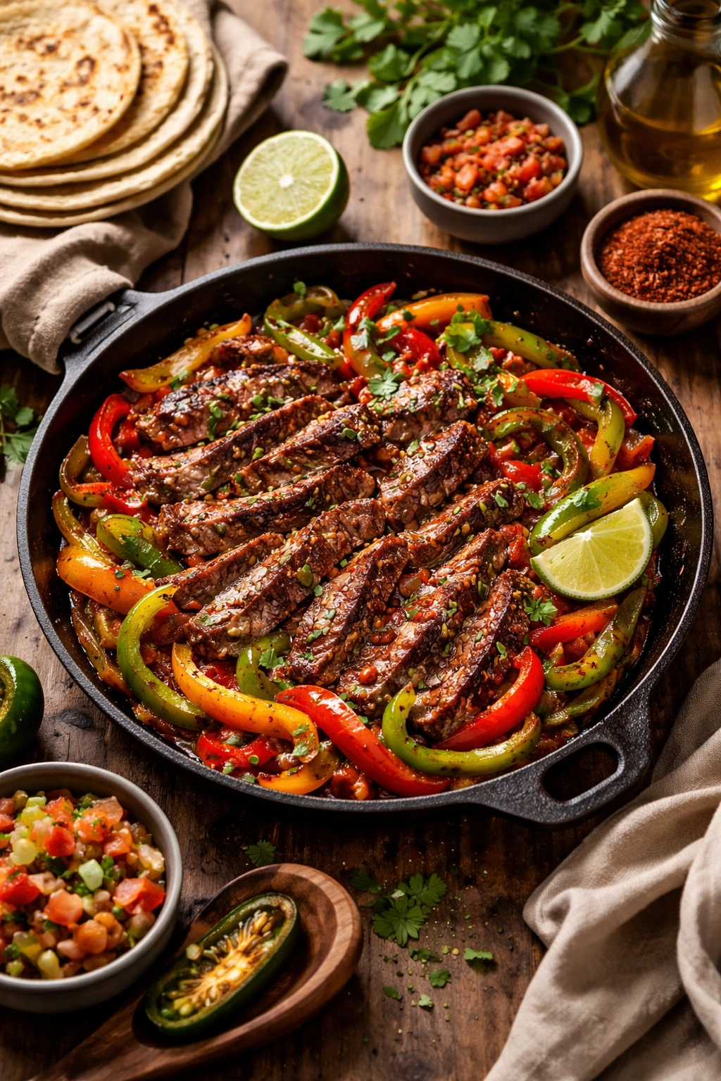 Plate of steak fajita with peppers and a chipotle-lime glaze