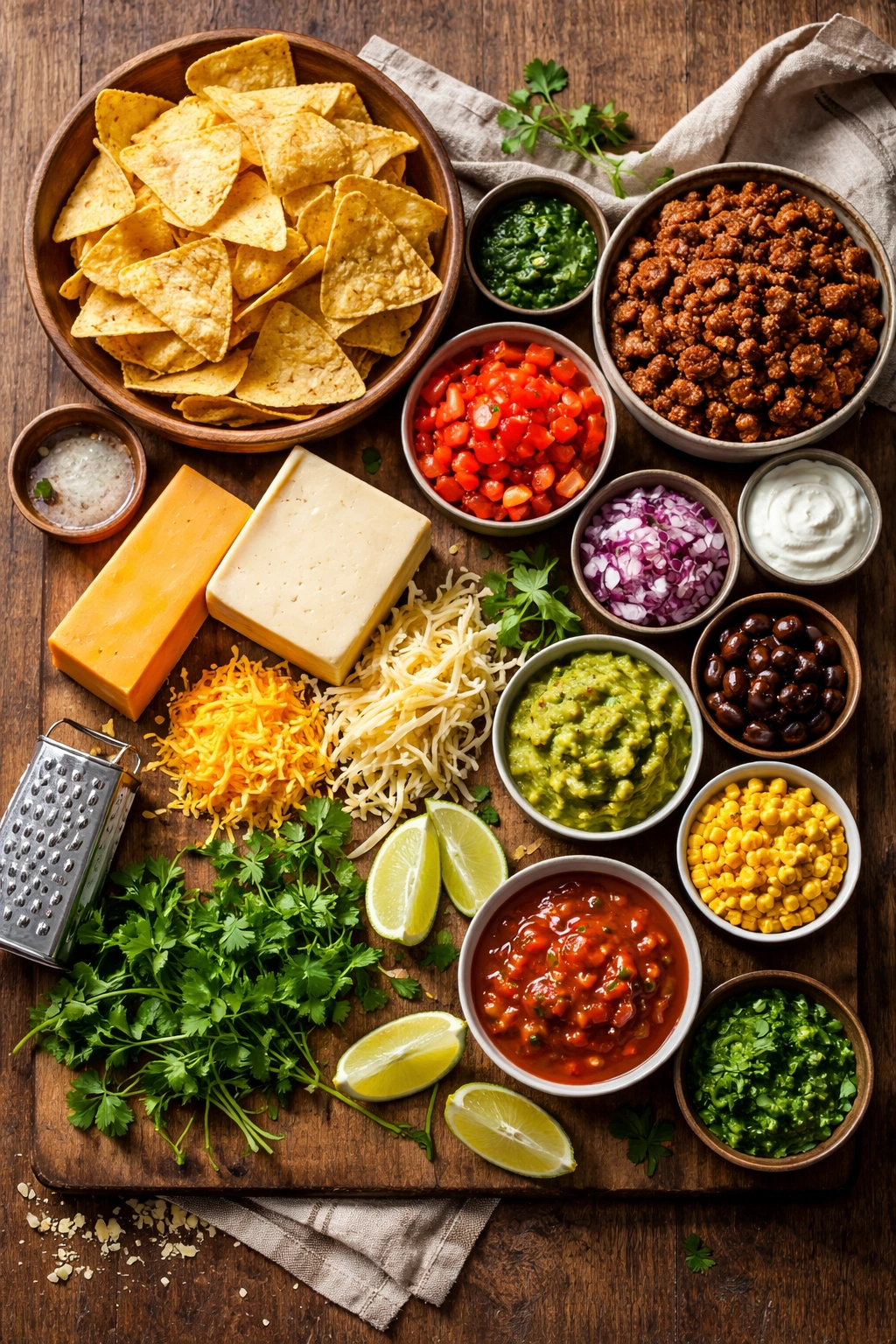 Top-down layout of nacho ingredients on a wooden board