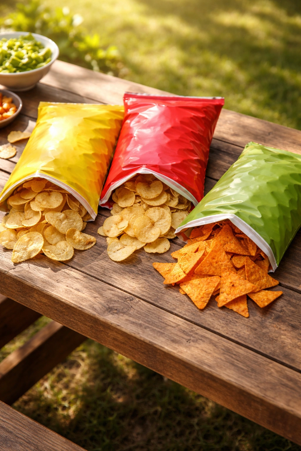 Unbranded chip bags on a wooden table outdoors.