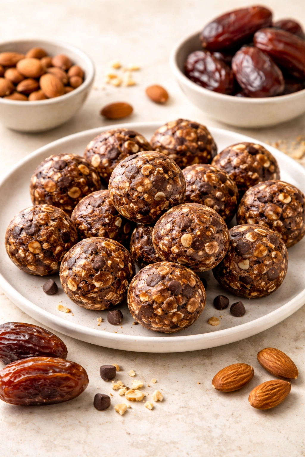 No-bake chocolate almond energy balls on plate