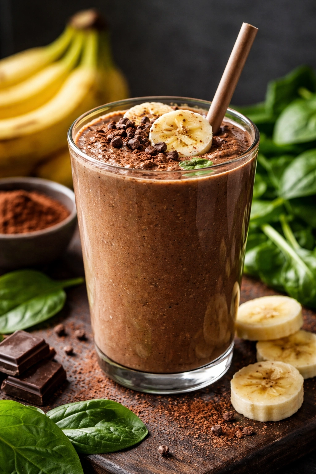 Chocolate banana smoothie with visible banana slices on a dark background