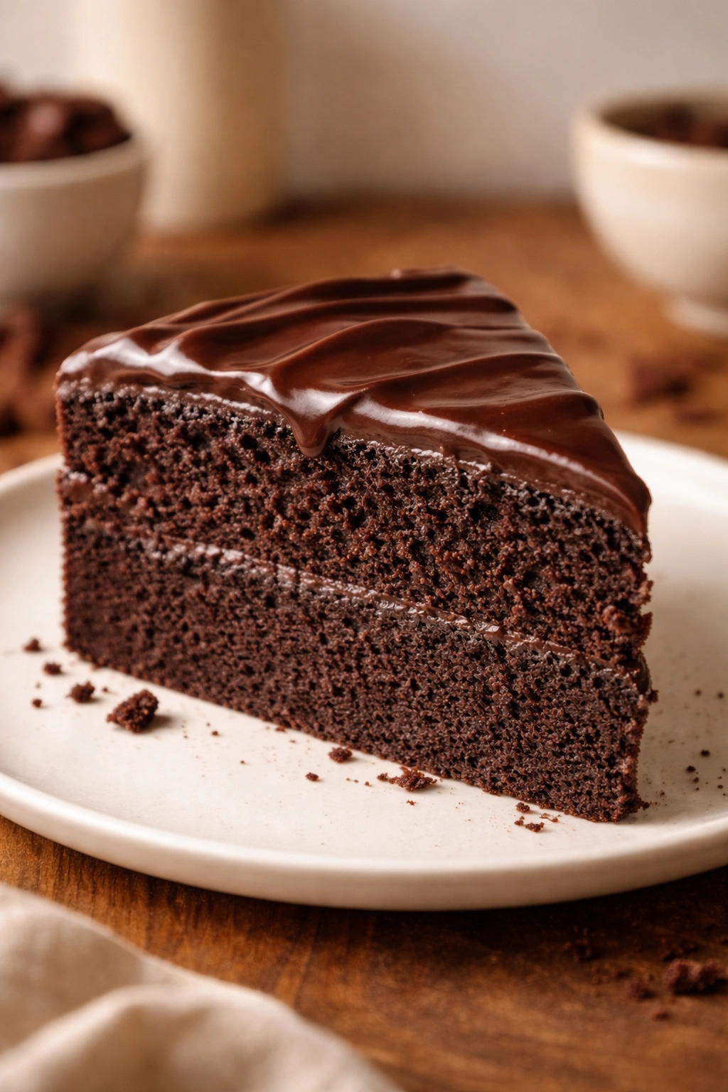 Close-up of a glossy chocolate cake slice on a plain plate