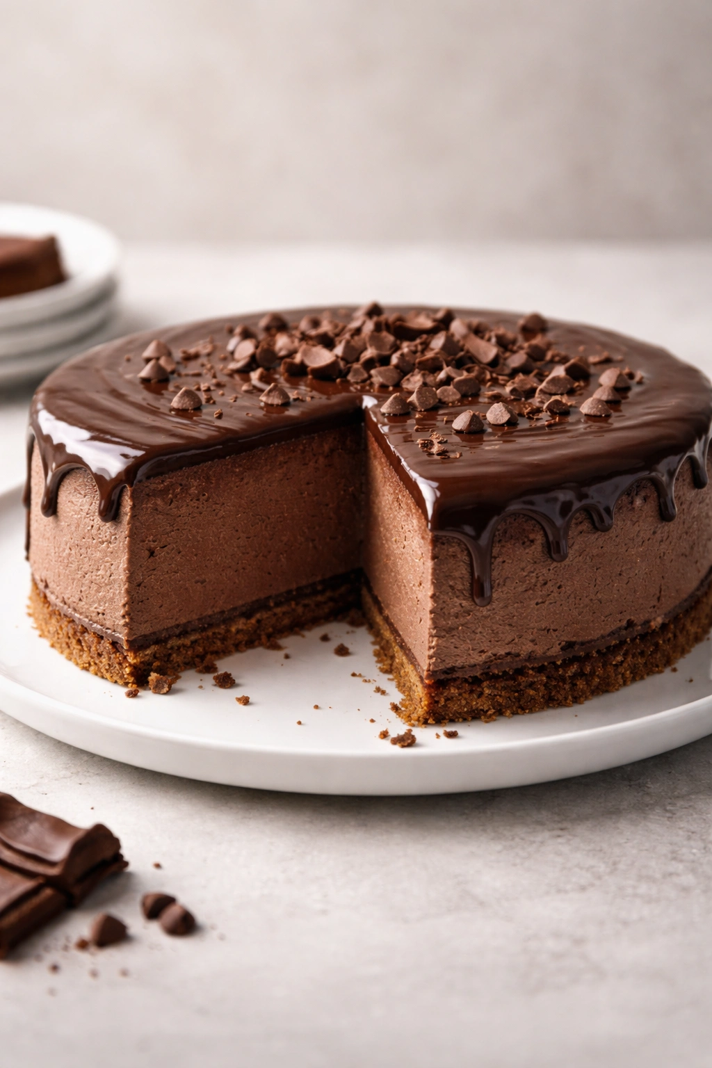 Chocolate cheesecake with glossy ganache on a light plate