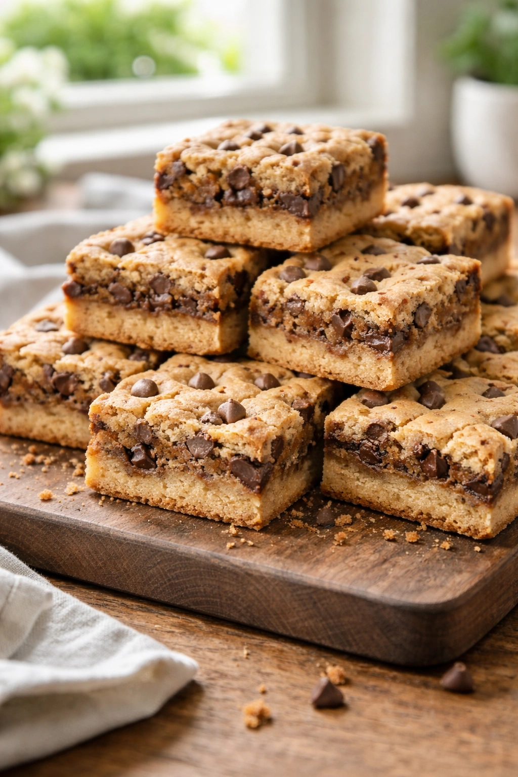 Chocolate chip cookie bars on wooden board, cut into squares