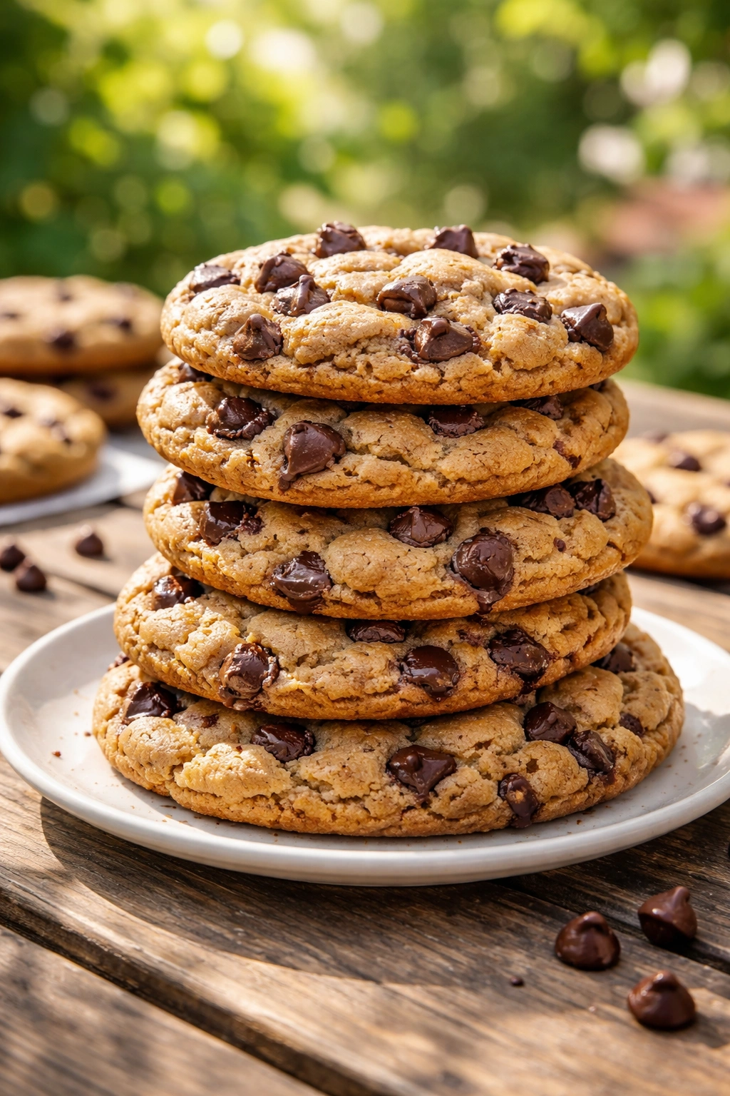 Stack of thick chocolate chip cookies outdoors
