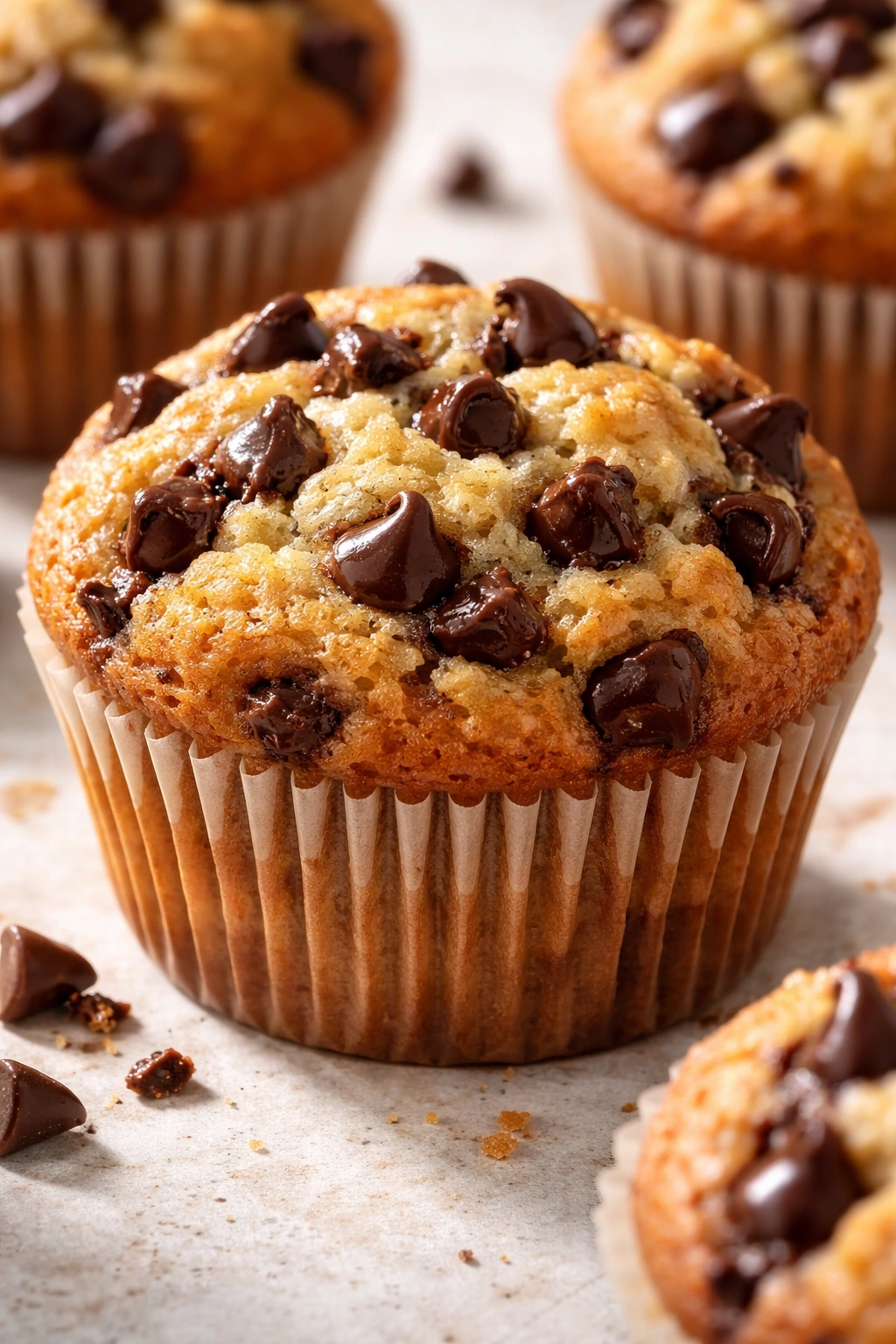 Close-up of a chocolate chip muffin with visible chips on a golden top
