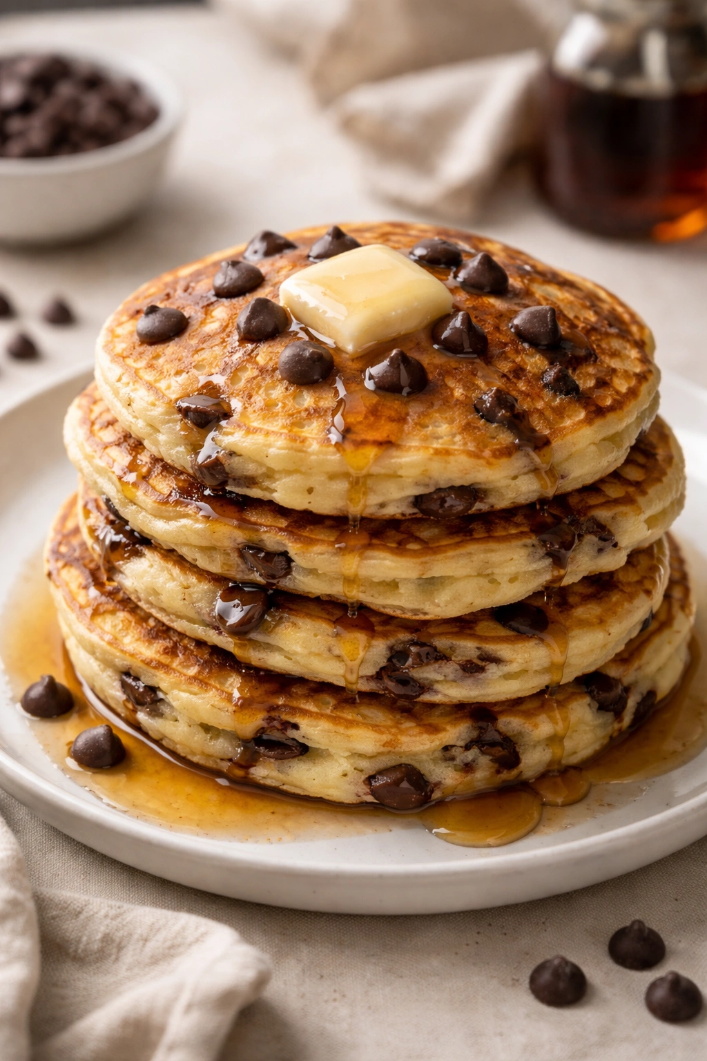 Stack of chocolate chip pancakes with visible chips on top