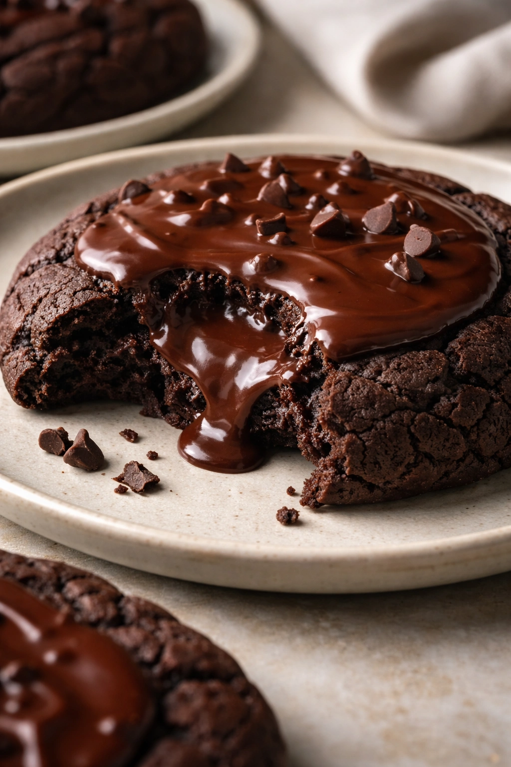 Dark chocolate cookie with glossy glaze and visible fudgy center