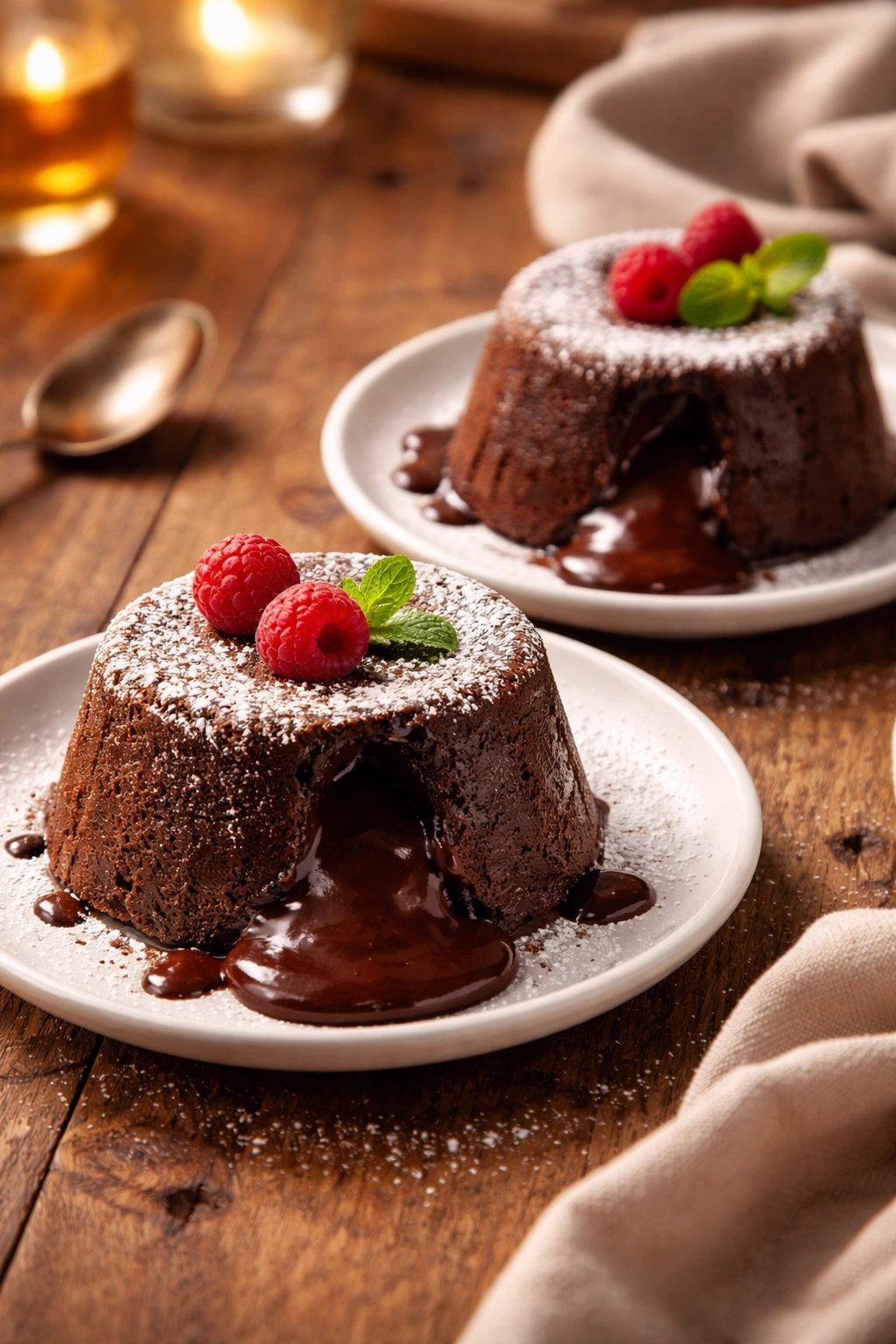 Two chocolate lava cakes with molten centers on a wooden surface