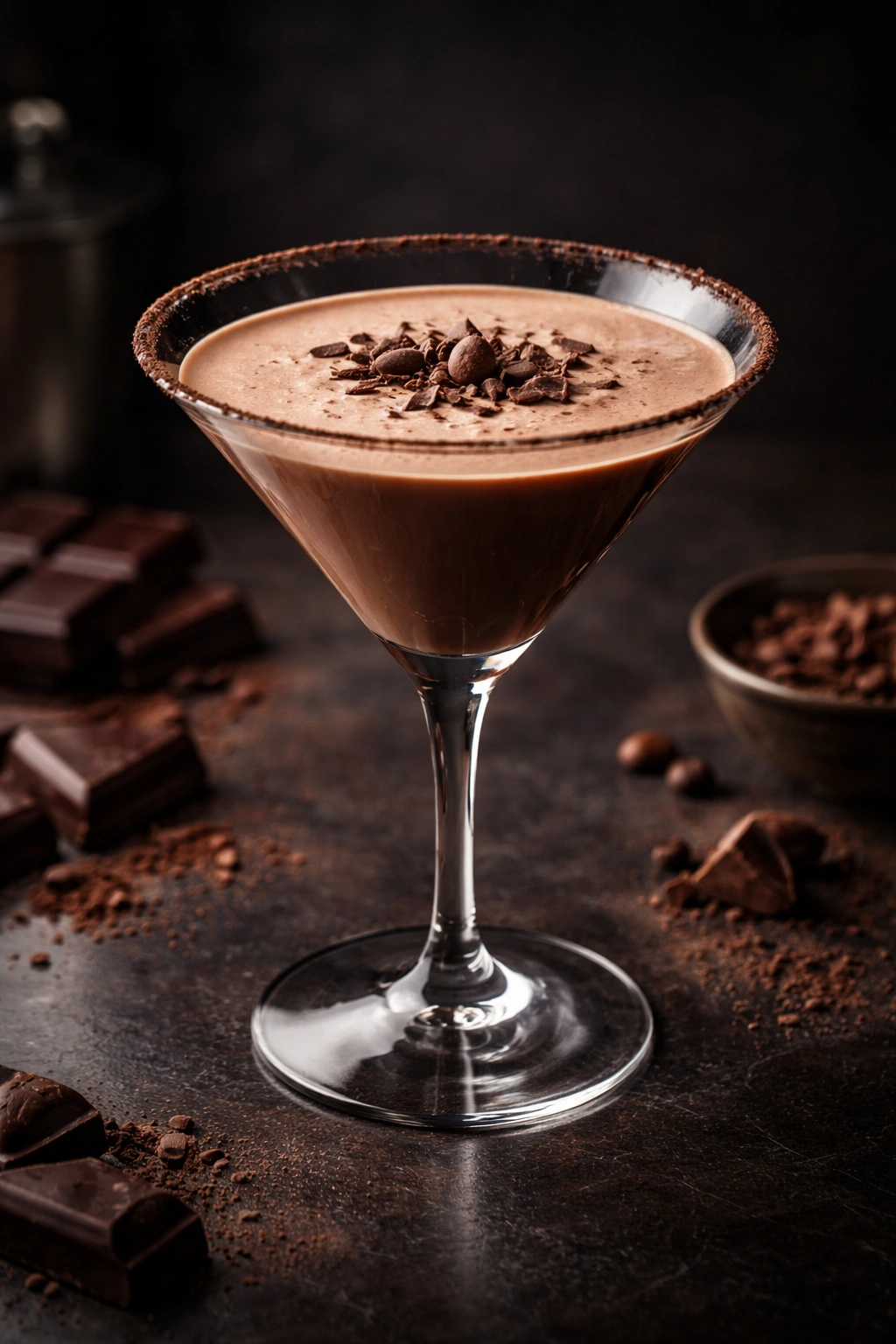 Close-up of chocolate martini in a glass with cocoa rim