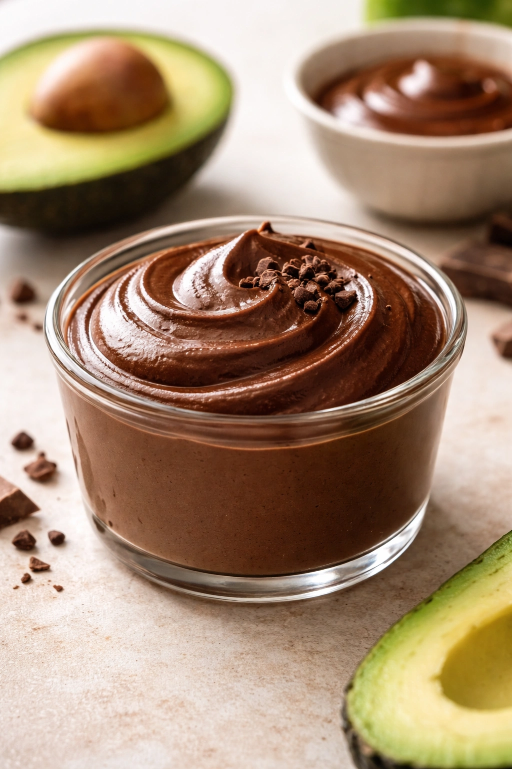 Silky chocolate avocado mousse in a glass ramekin, smooth surface