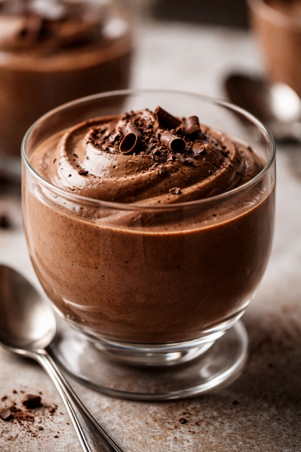 Glass of silky chocolate mousse with whipped texture