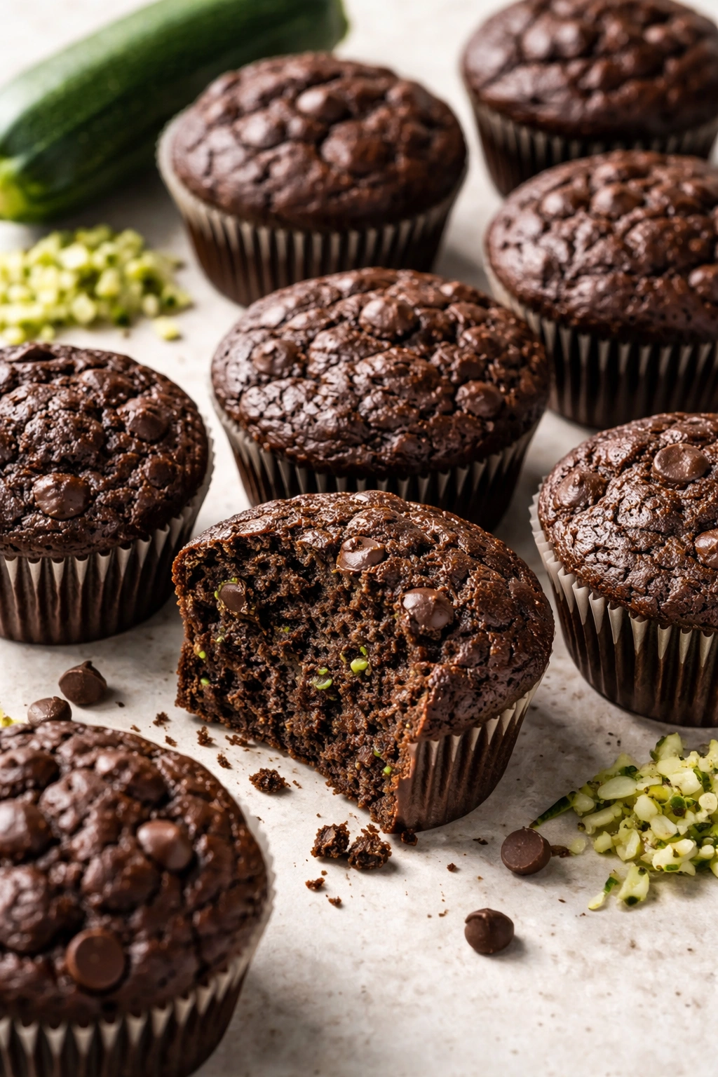Moist chocolate zucchini muffins with hidden greens in crumb