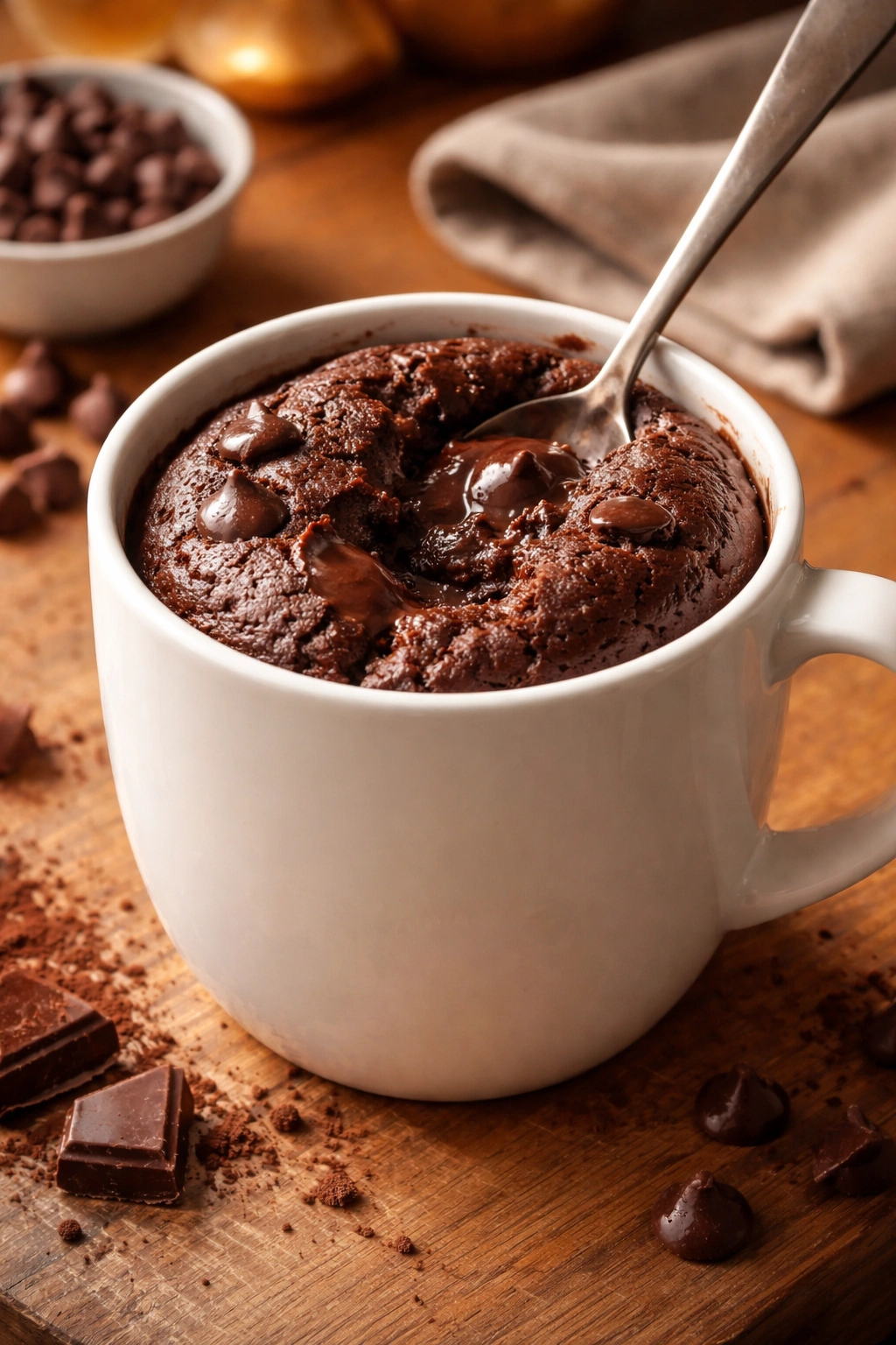 Fudgy chocolate mug brownie inside a white mug with warm lighting