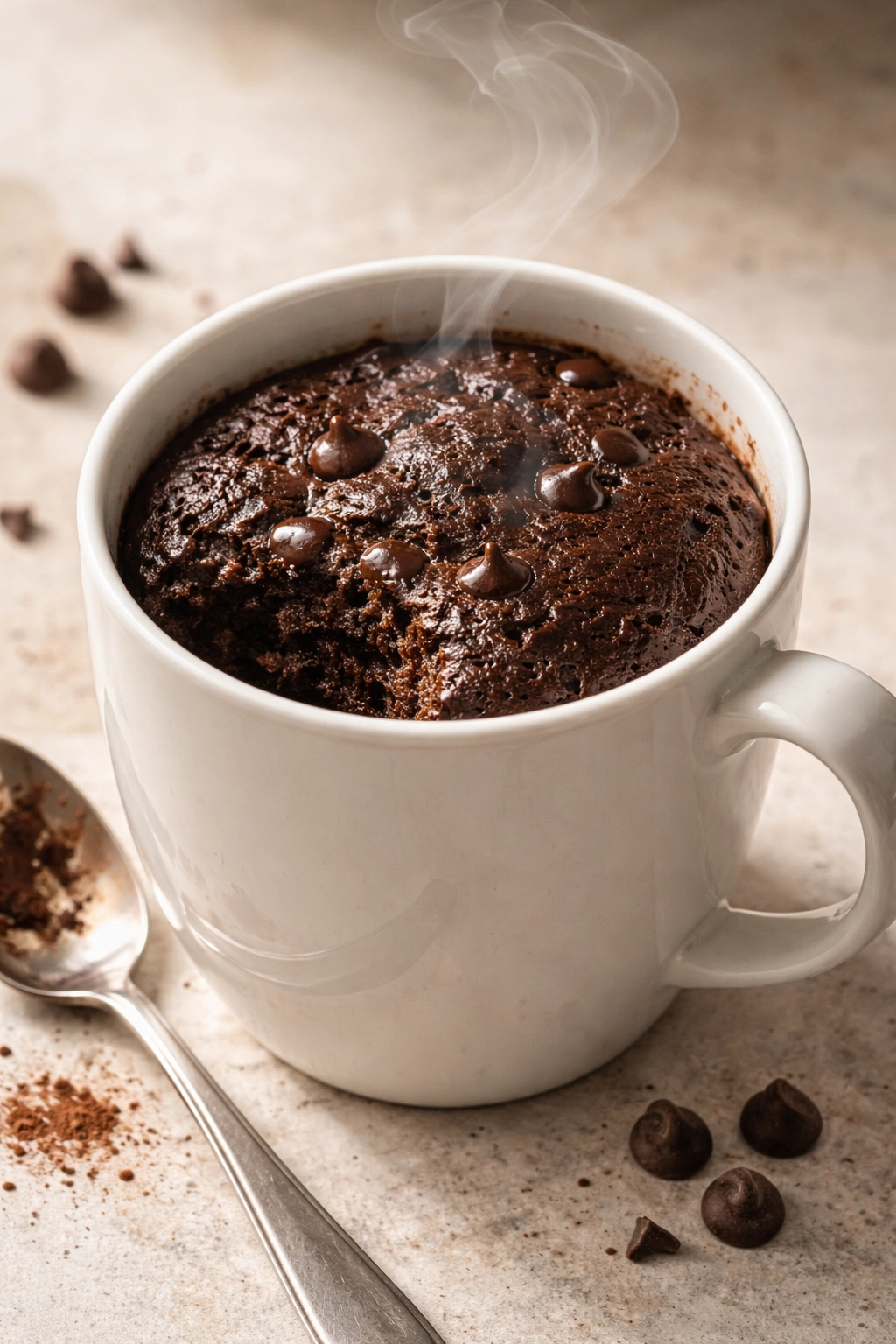 Close-up of a chocolate mug cake in a ceramic mug with steam rising, on a neutral surface