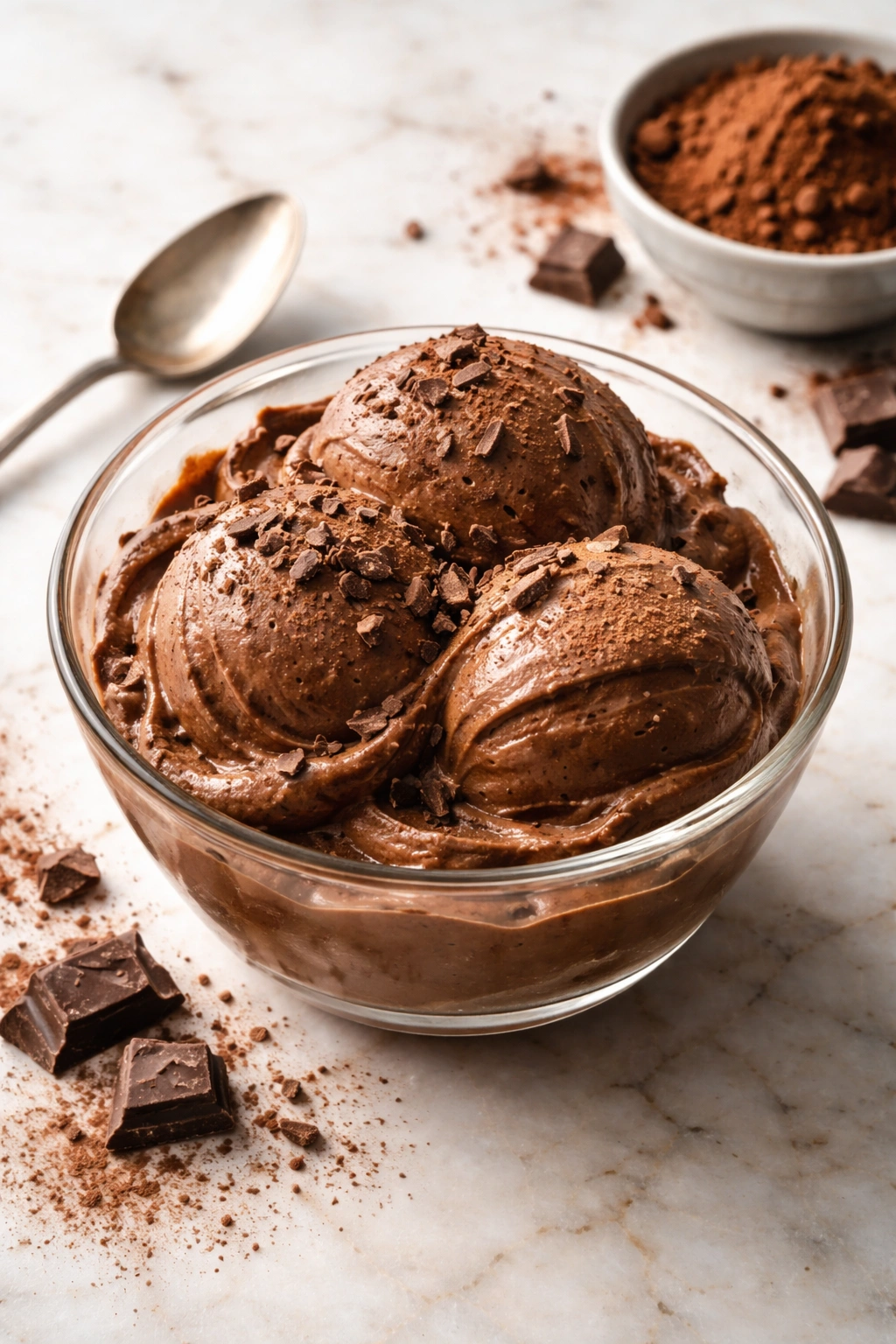 Fudgy chocolate nice cream scoop in bowl