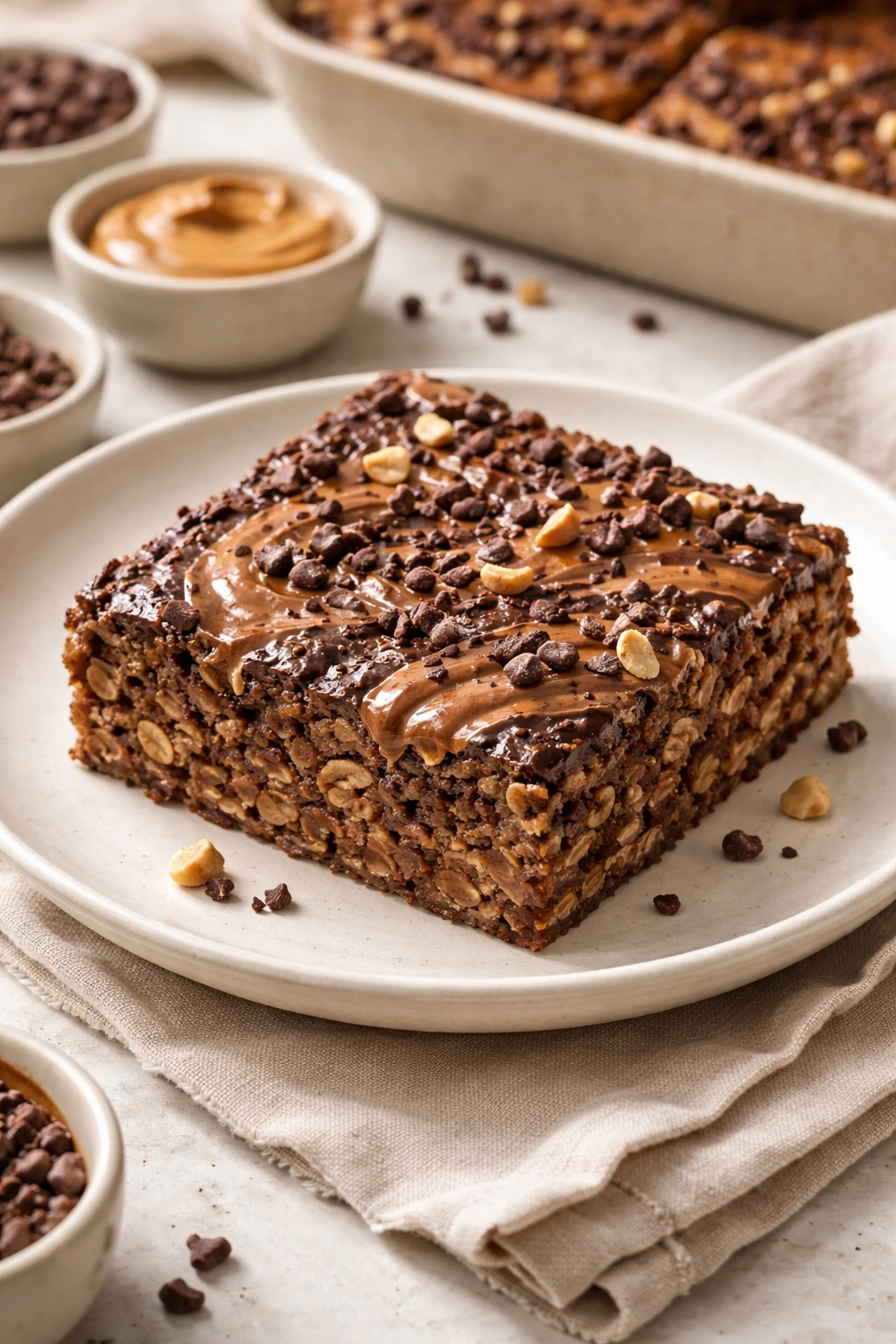 Chocolate peanut butter baked oatmeal with cocoa nib crunch on plate