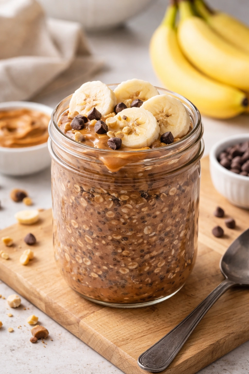 Chocolate oatmeal with peanut butter and banana slices in a jar