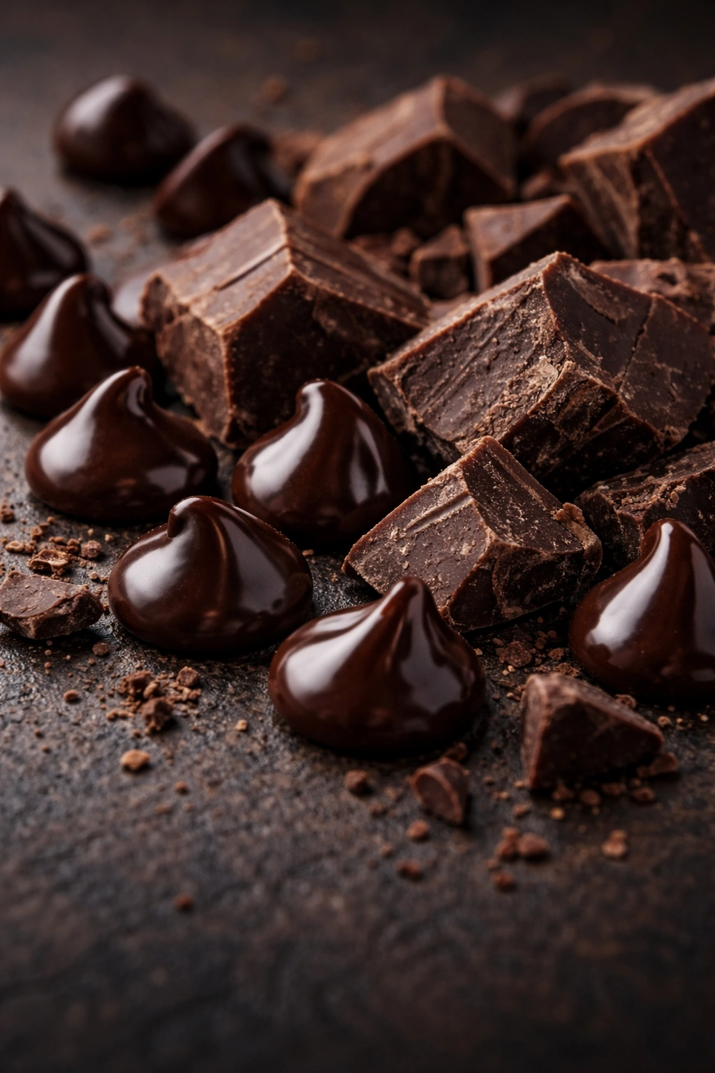 Macro shot of glossy premium chocolate chips and chunks on a dark background