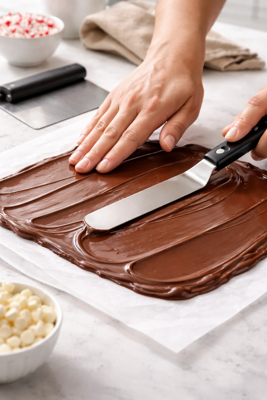 Close-up of a hand spreading glossy melted chocolate with an offset spatula on parchment