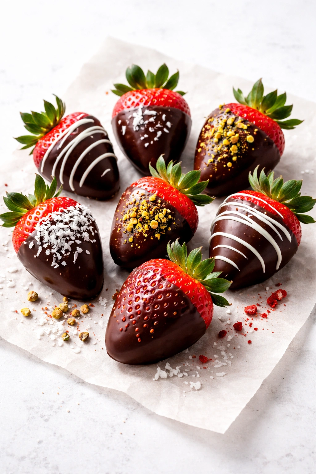 Glossy chocolate-dipped strawberries with toppings on parchment