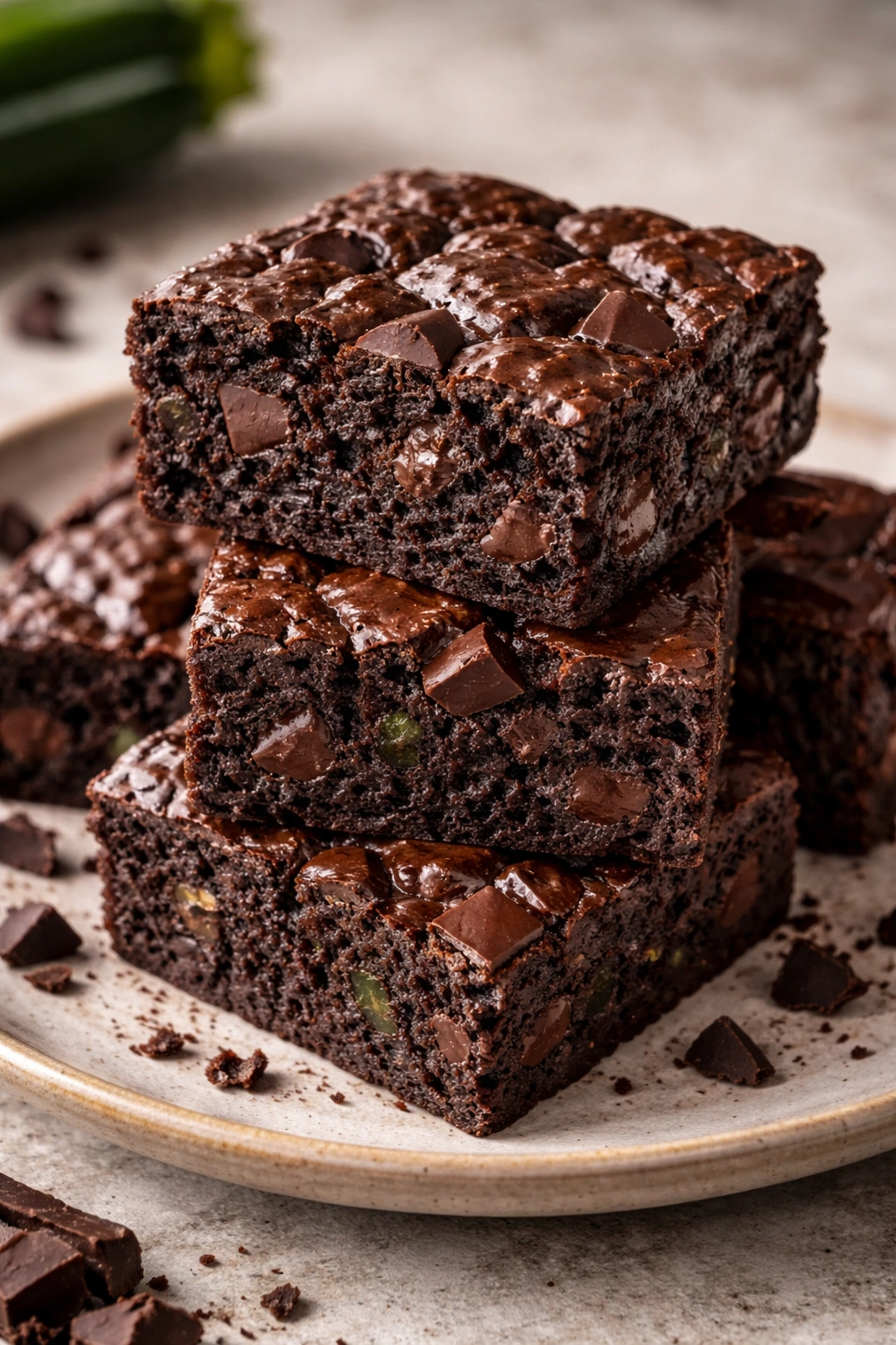 Chocolate zucchini brownies with chunks on a plate