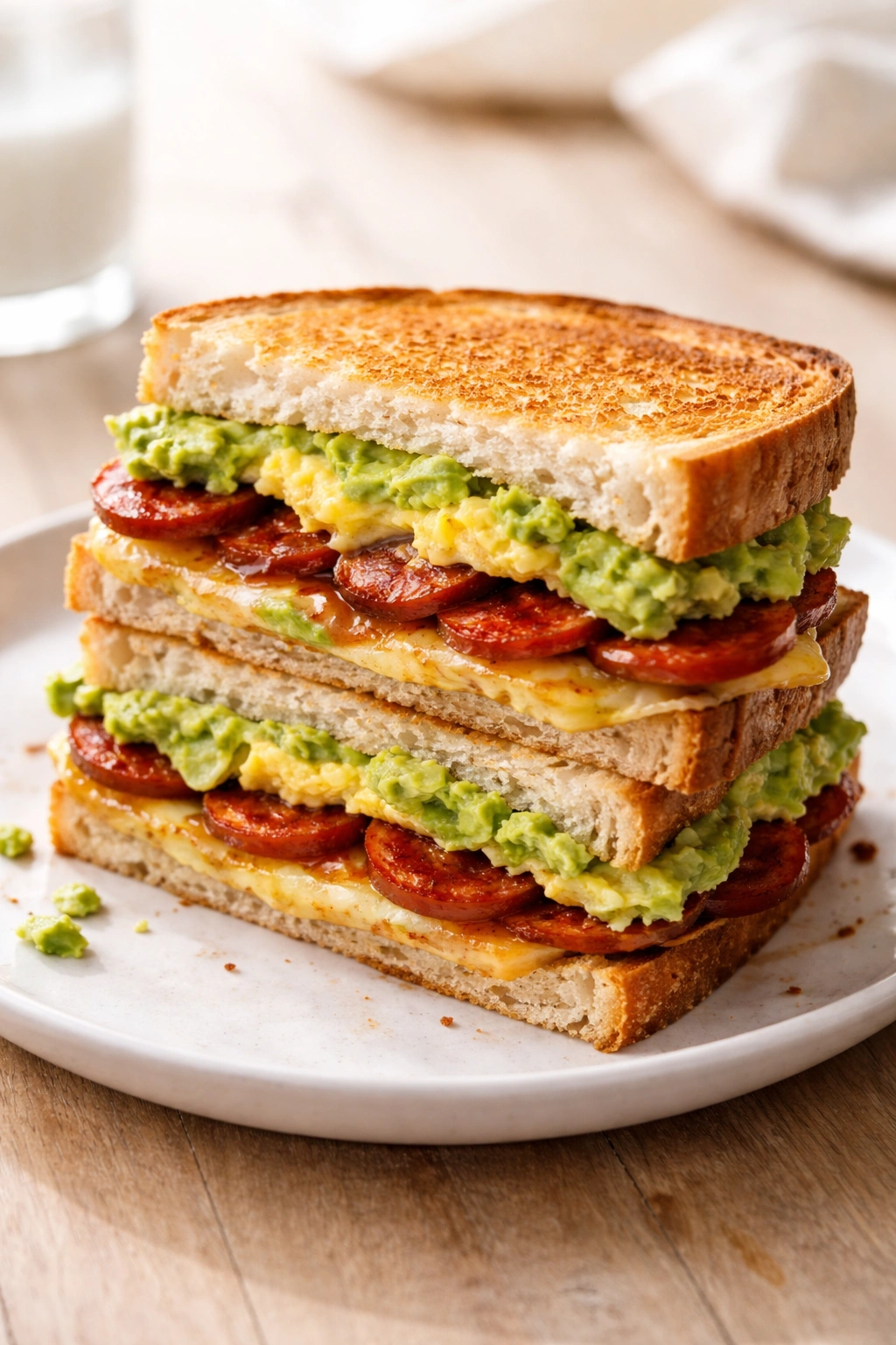 Cross-section of a chorizo and avocado breakfast sandwich on a plate