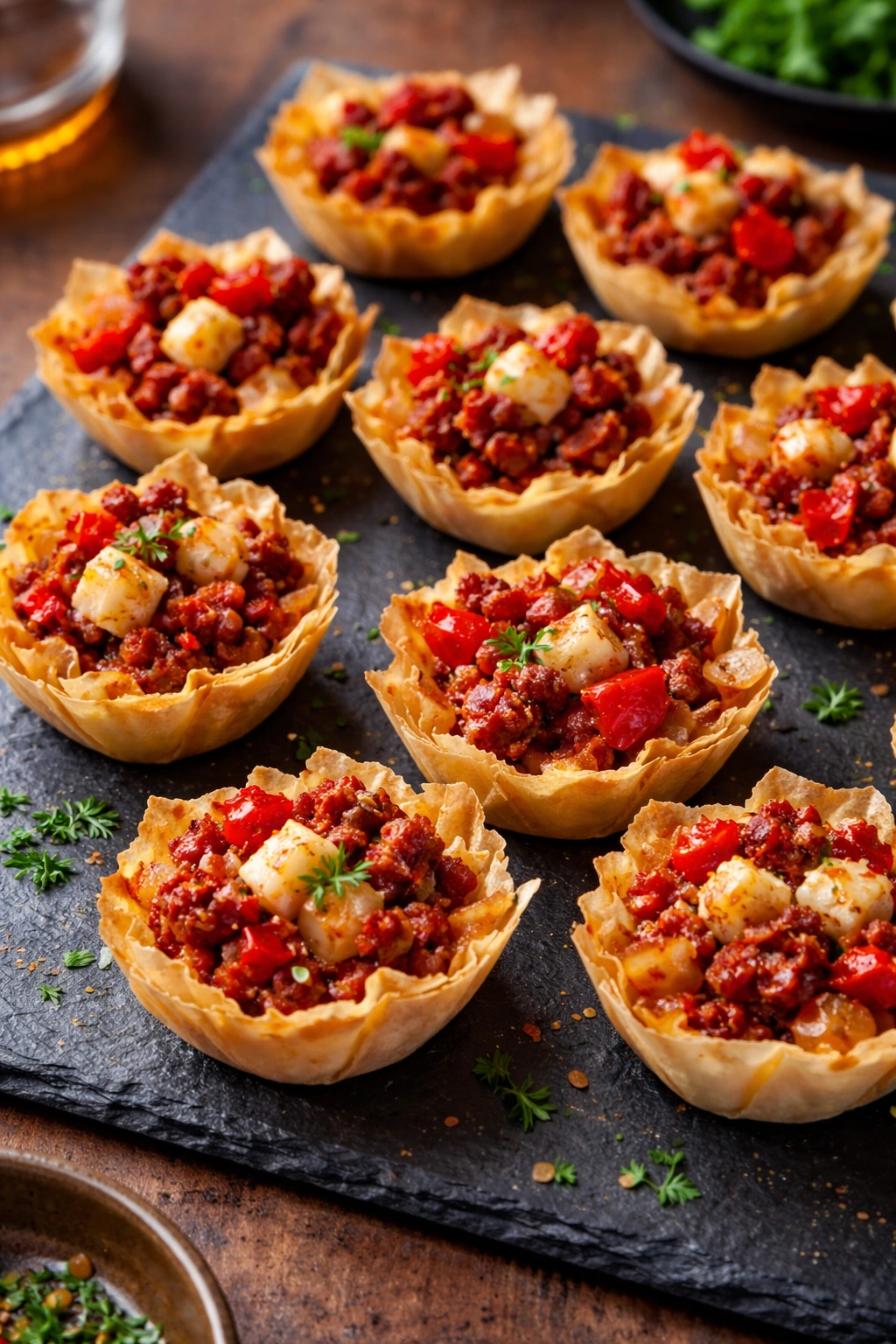 Phyllo cups filled with chorizo and Manchego on a dark slate platter