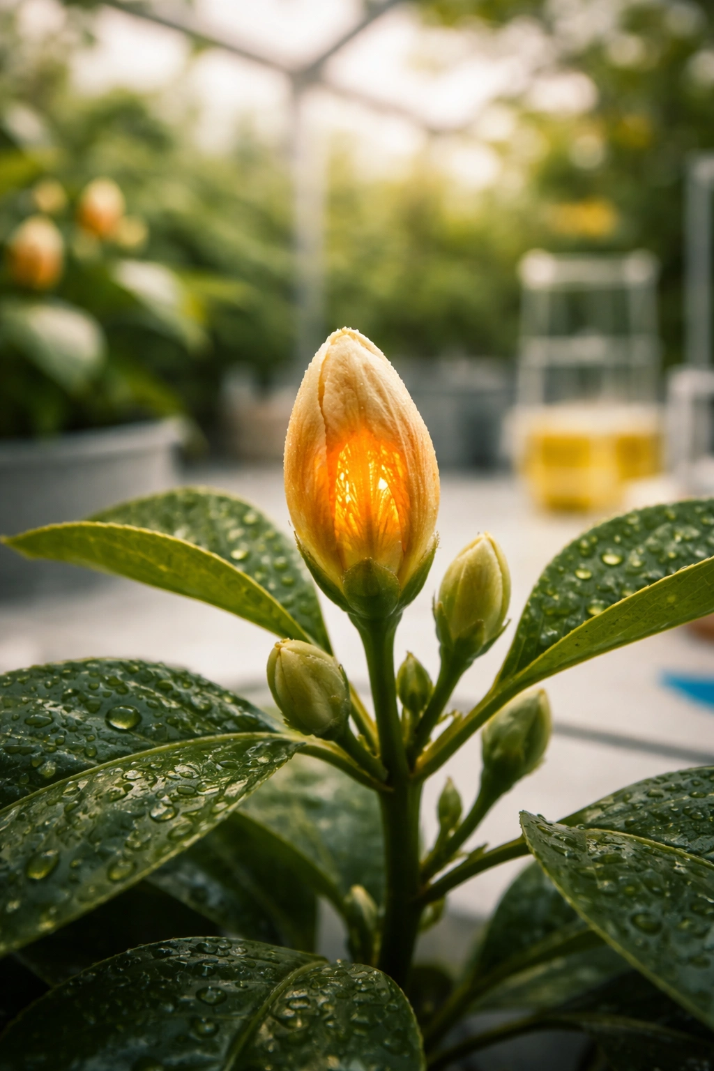 Close-up of an orange flower bud with a subtle glow, suggesting chromosome doubling in a lab-greenhouse setting.