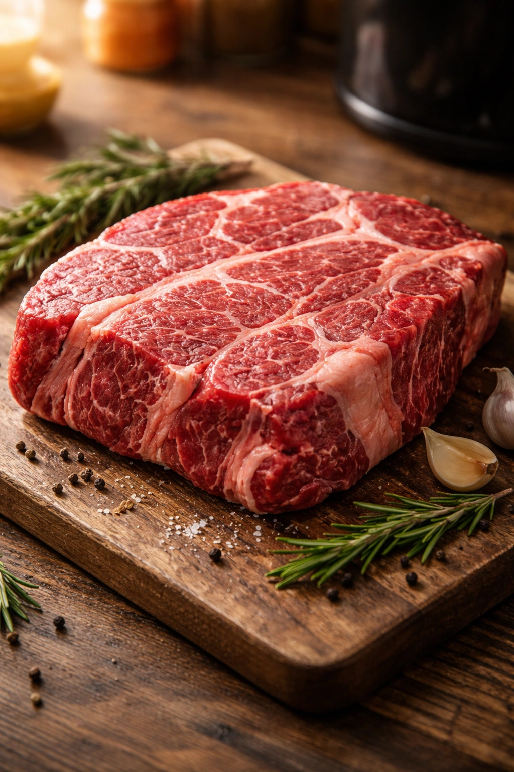Boneless chuck roast with marbling on a cutting board