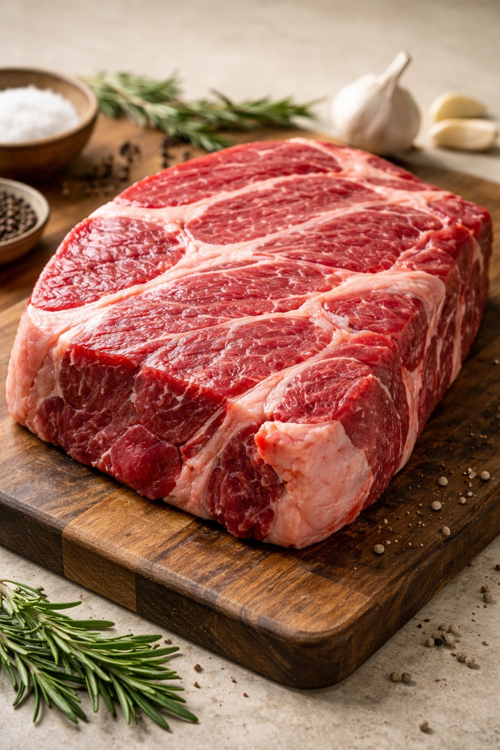 Raw chuck roast with marbling on cutting board